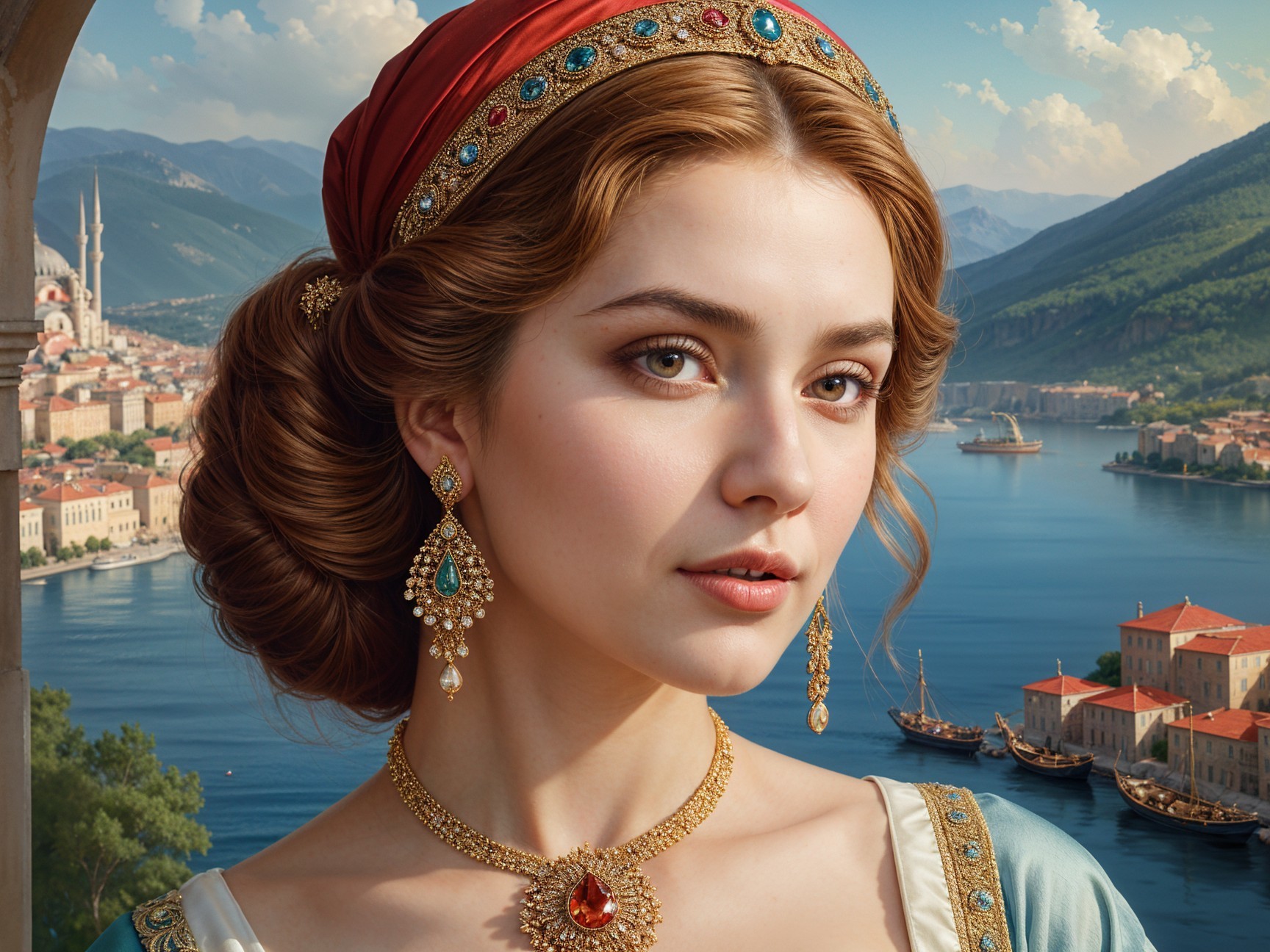 Young woman in elegant attire by serene landscape
