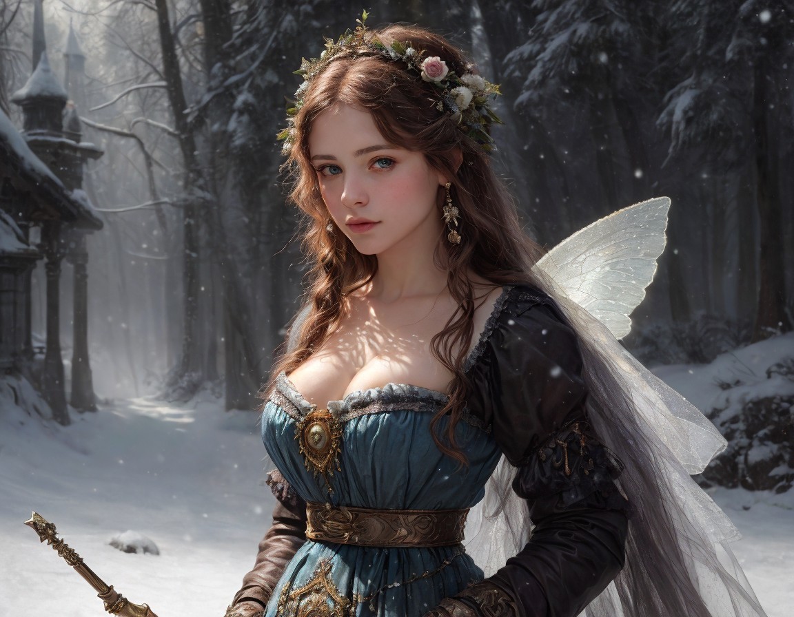 Fairy in Floral Crown in Snowy Forest Scene