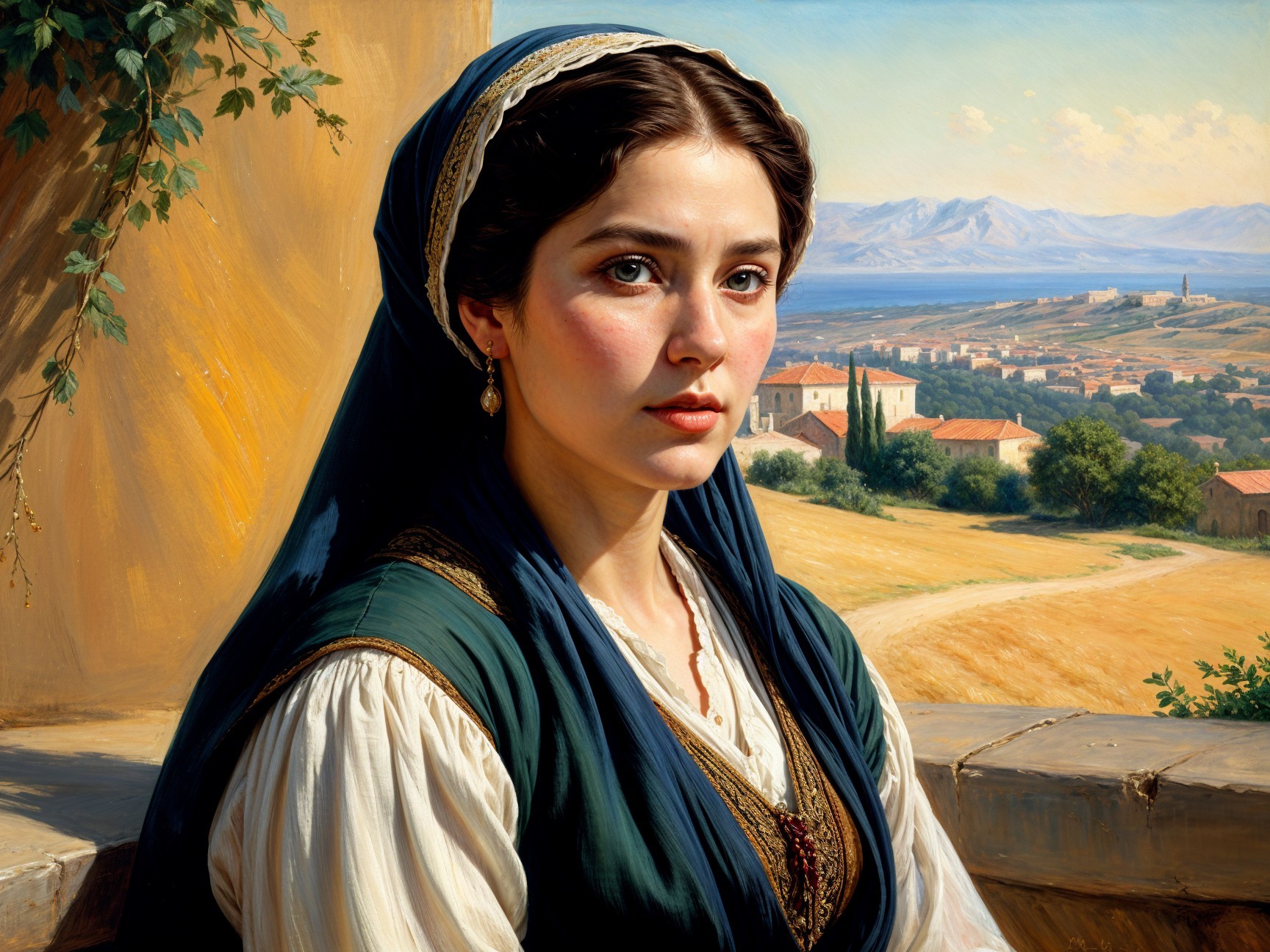 Young Woman in Traditional Garment Against Scenic Landscape