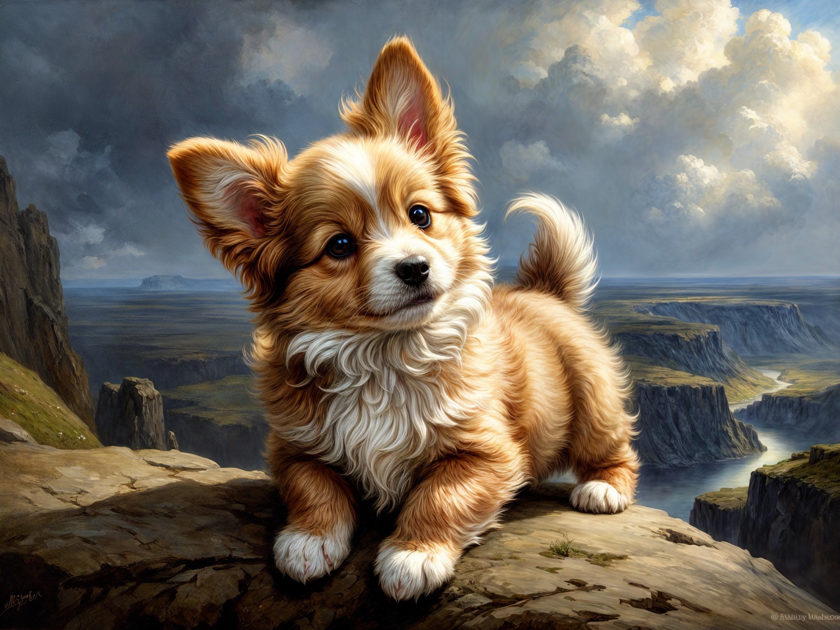Corgi Puppy on Rocky Ledge with Scenic Landscape