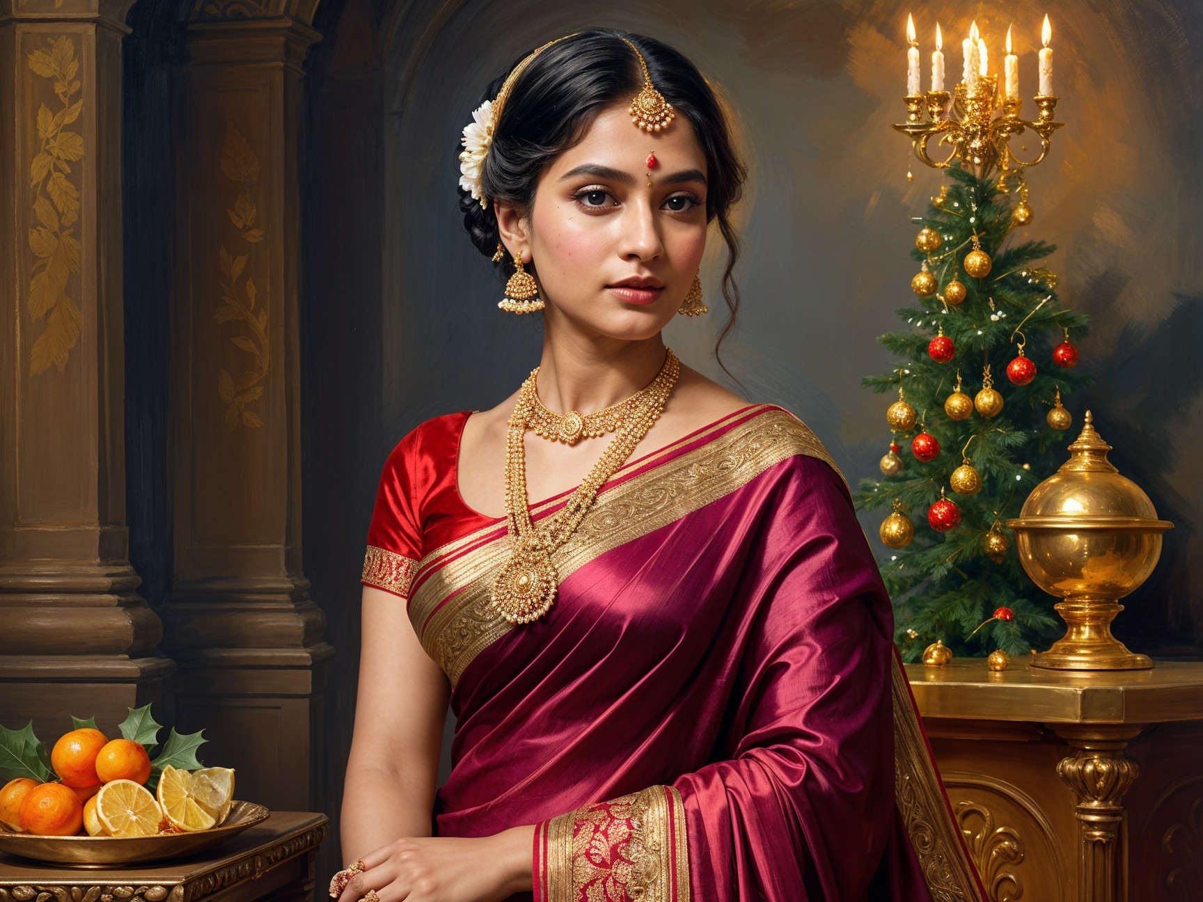 Young woman in burgundy saree by Christmas tree