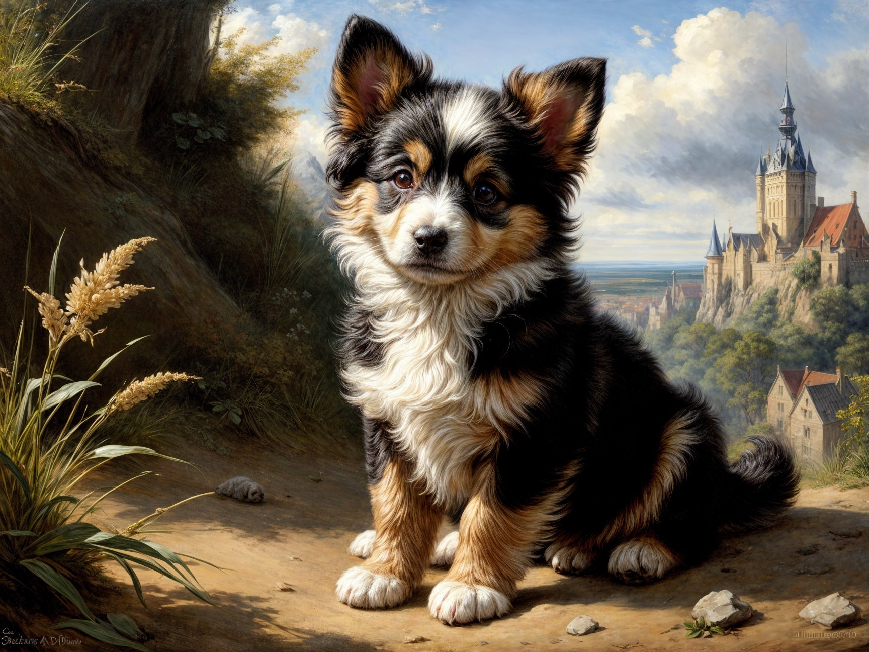 Fluffy Puppy on Dirt Path with Scenic Landscape