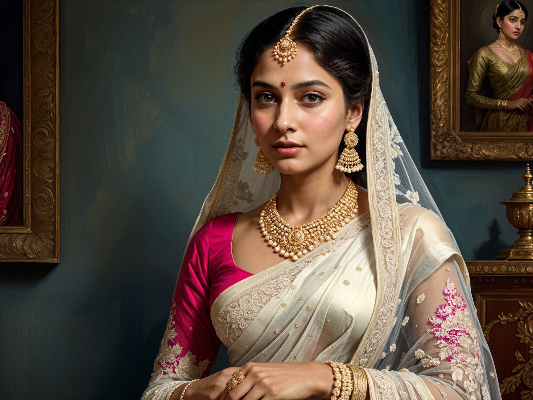 Traditional Attire with Cream Saree and Gold Jewelry