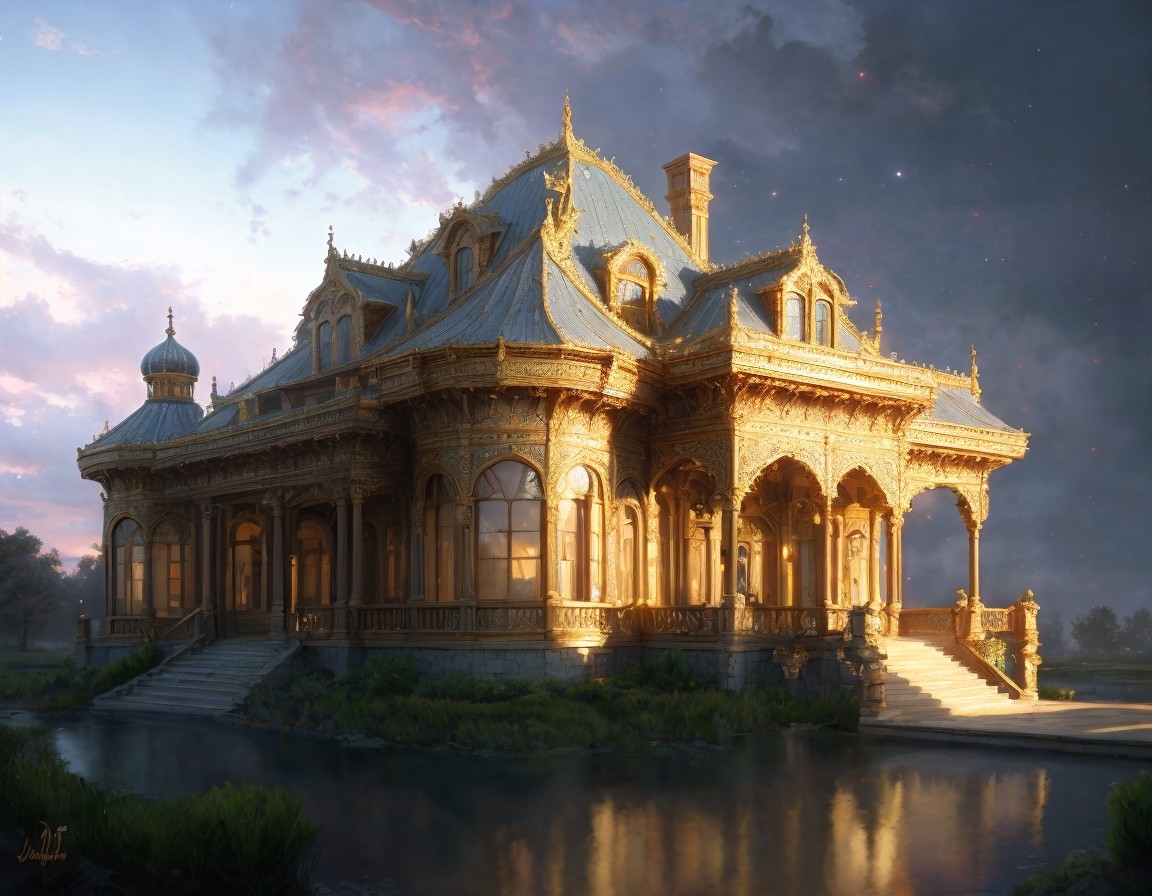 Luxurious fantasy mansion at dusk with ornate architecture and waterfront view