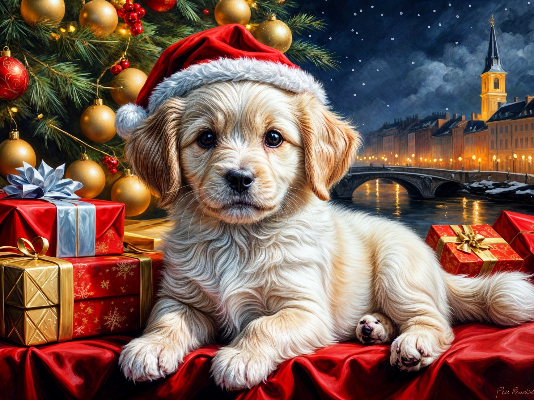 Fluffy Golden Puppy with Christmas Tree and Presents