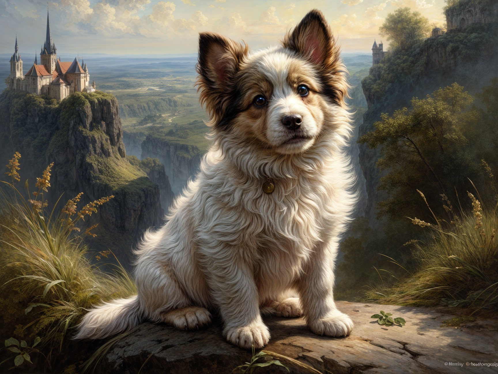 Fluffy Dog on Rocky Ledge with Scenic Castle View