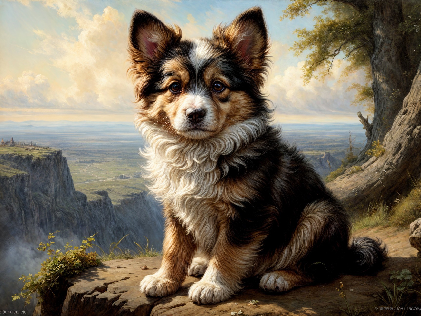 Fluffy Tri-Color Dog on Rocky Ledge with Scenic View