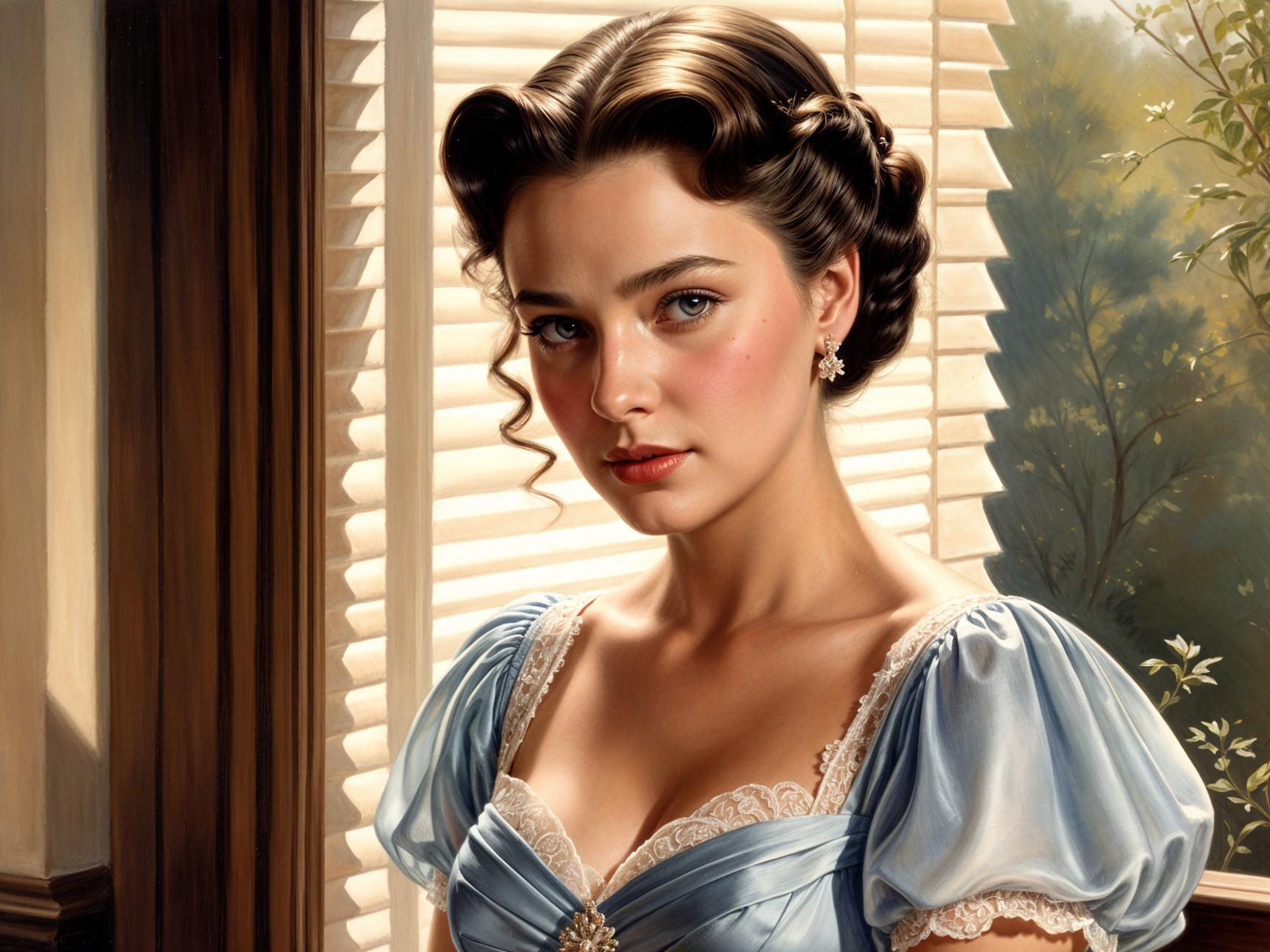 Thoughtful Young Woman in Sunlit Room with Lace Dress