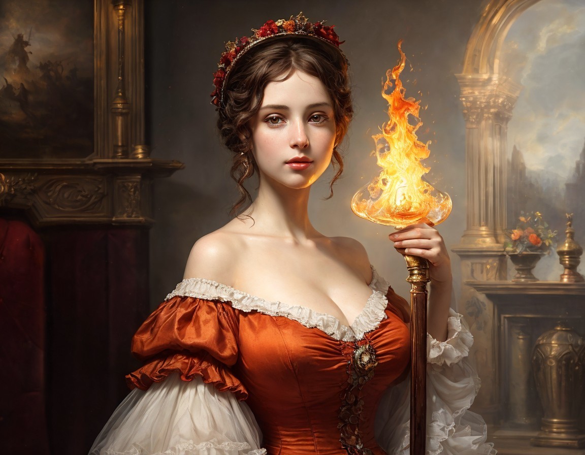 Woman in Red Dress Holding Fiery Torch in Opulent Interior