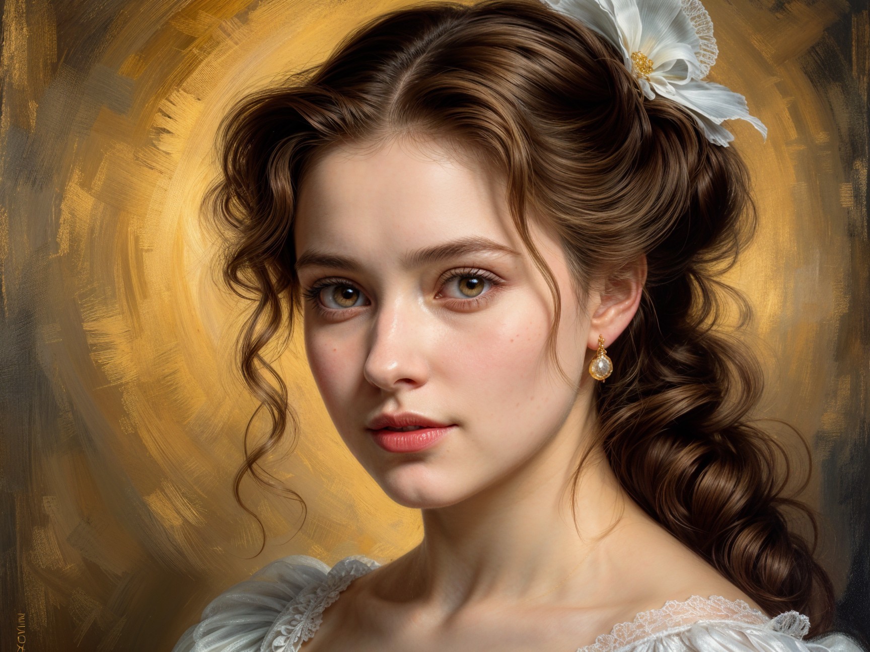 Portrait of a Young Woman with Flowing Brown Hair