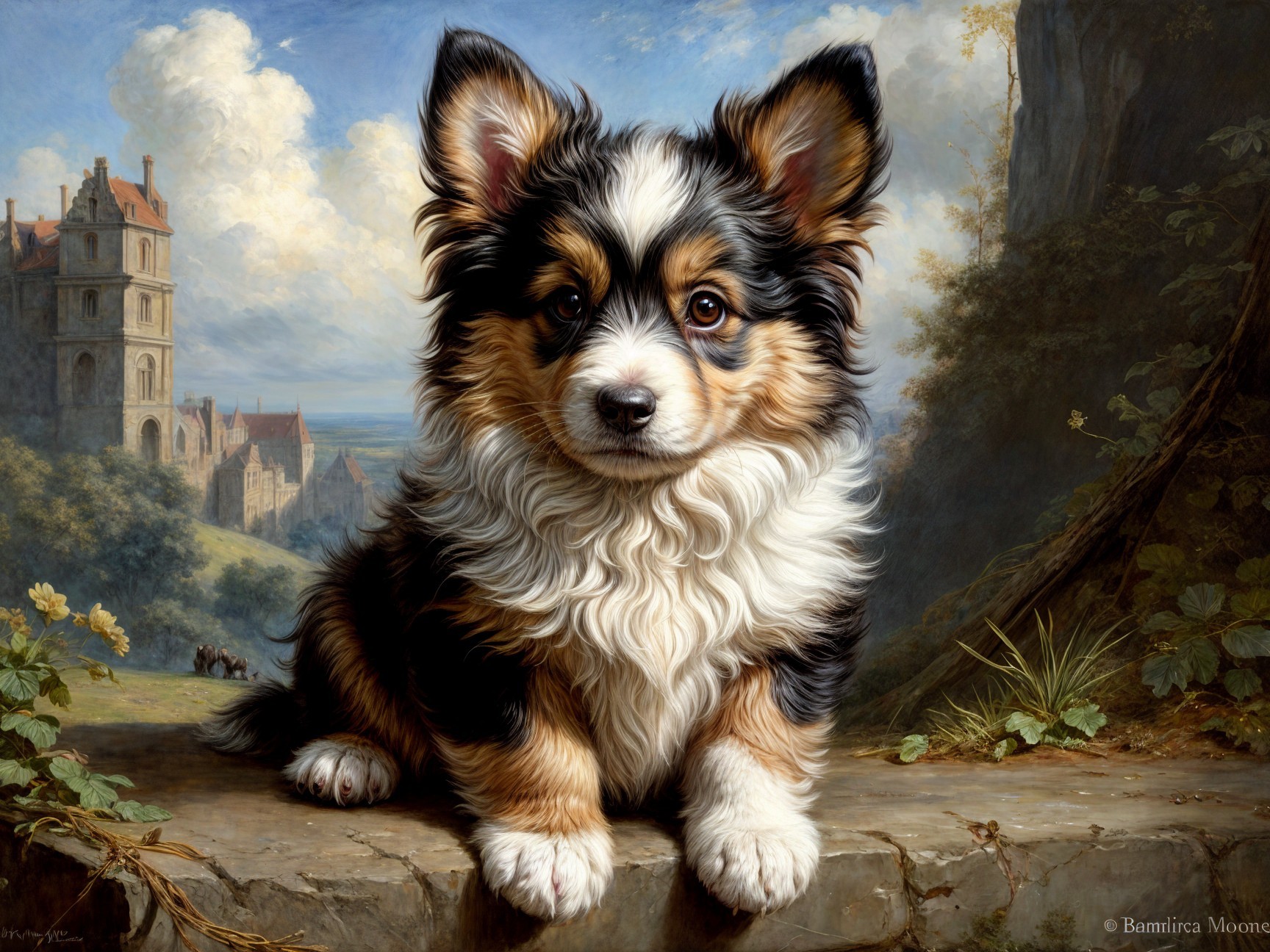 Corgi Puppy on Stone Ledge with Scenic Background