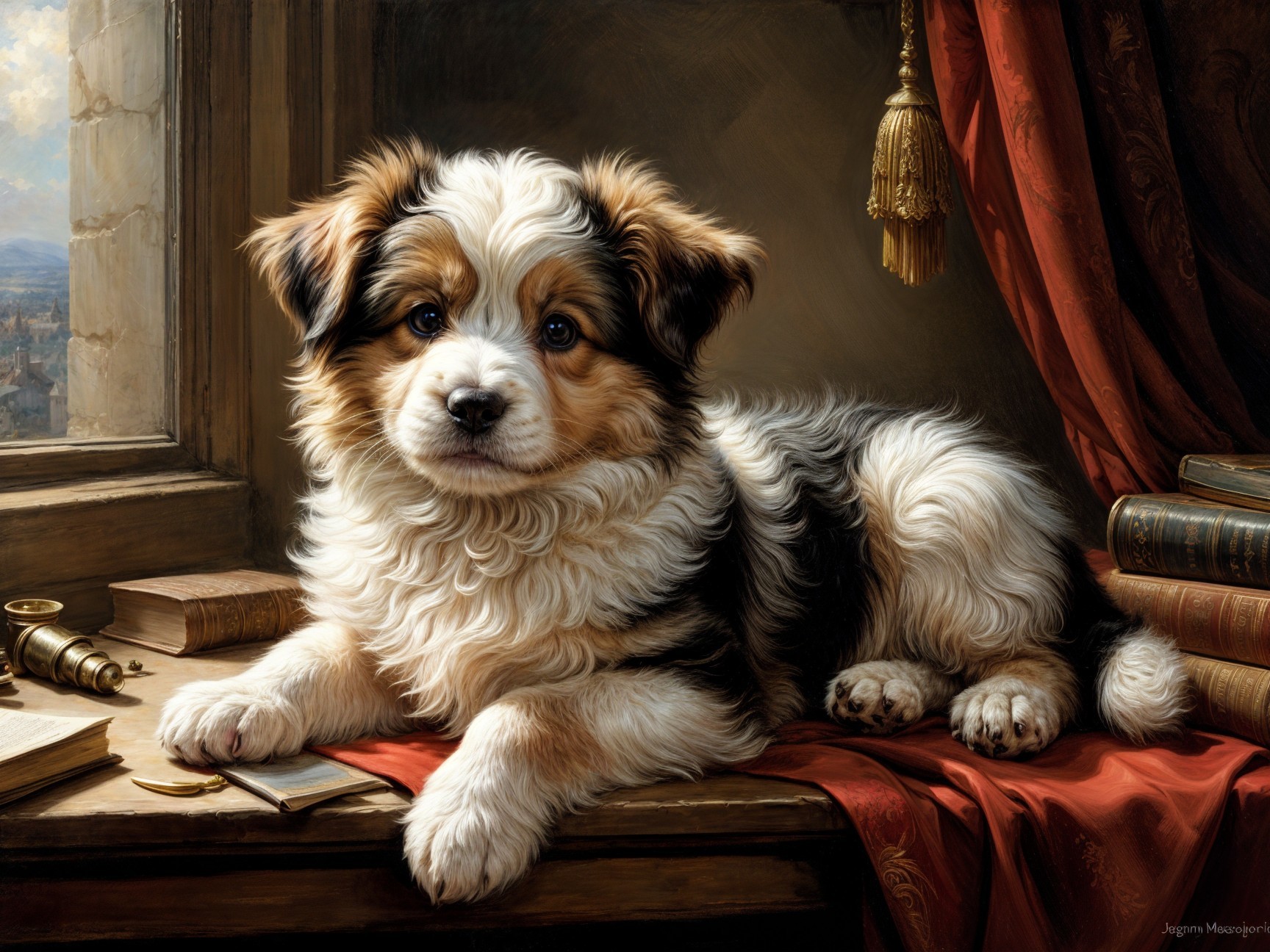 Tri-colored puppy on a table by a sunlit window