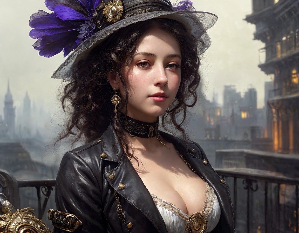 Victorian Attire Woman with Floral Hat and Cityscape