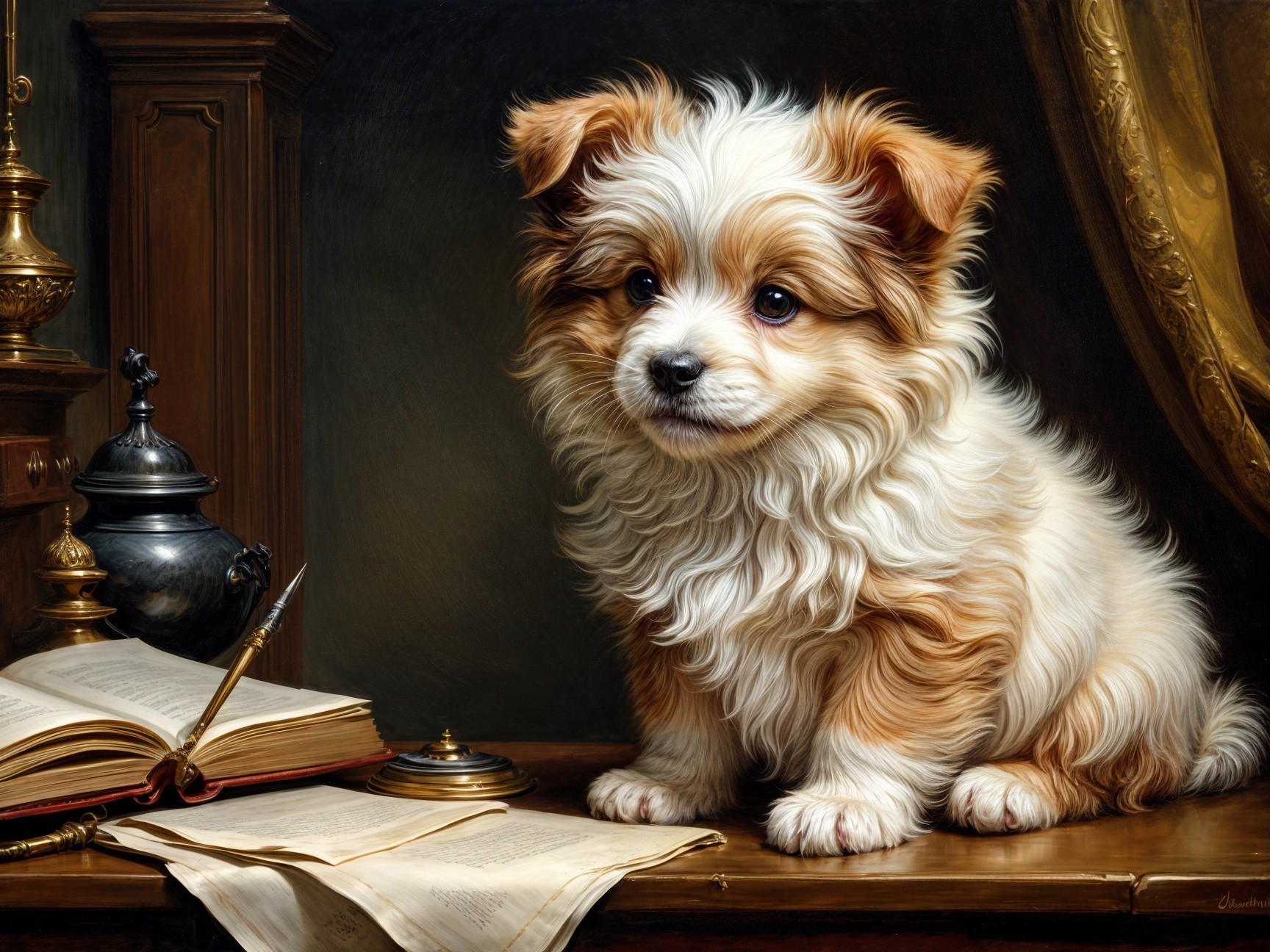 Fluffy Puppy Surrounded by Antique Books and Writing Tools