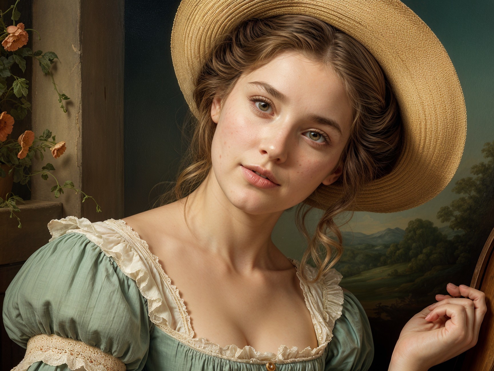Young Woman in Light Green Dress and Straw Hat