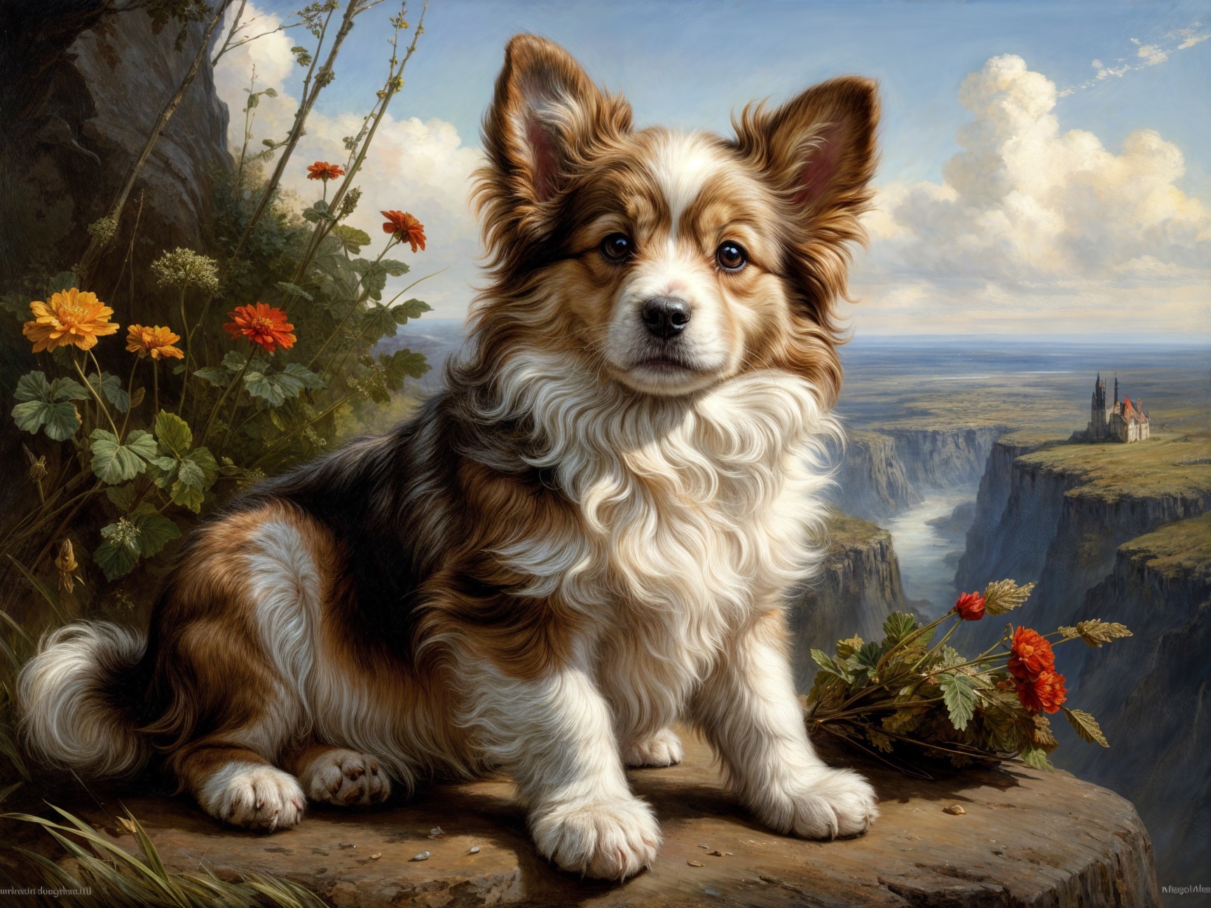 Detailed Painting of a Fluffy Tricolor Dog in Nature