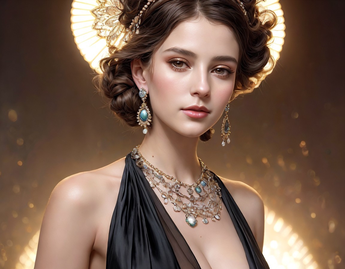 Elegant woman adorned with intricate jewelry on a golden background
