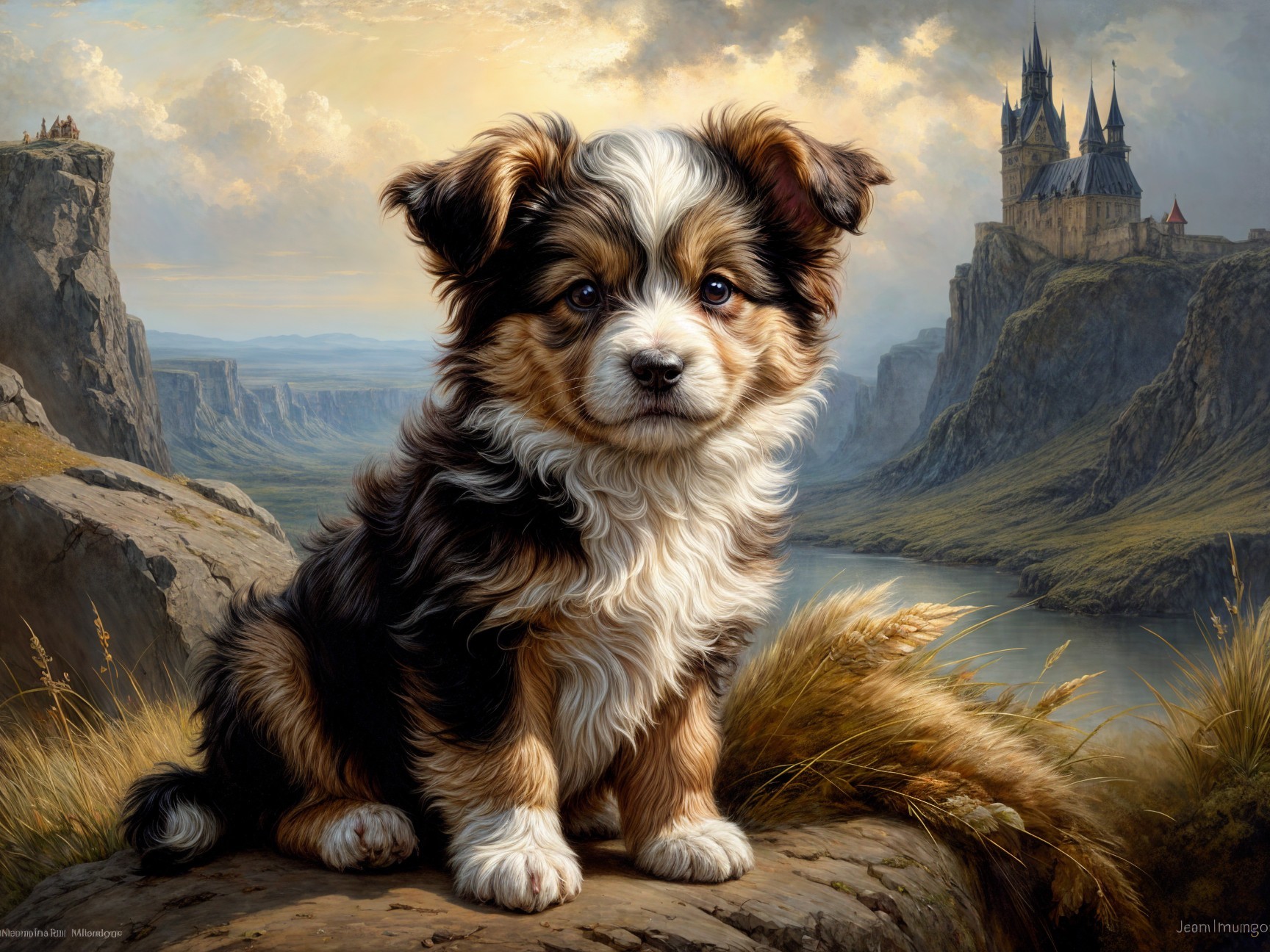 Fluffy Puppy on Rocky Ledge with Castle Background