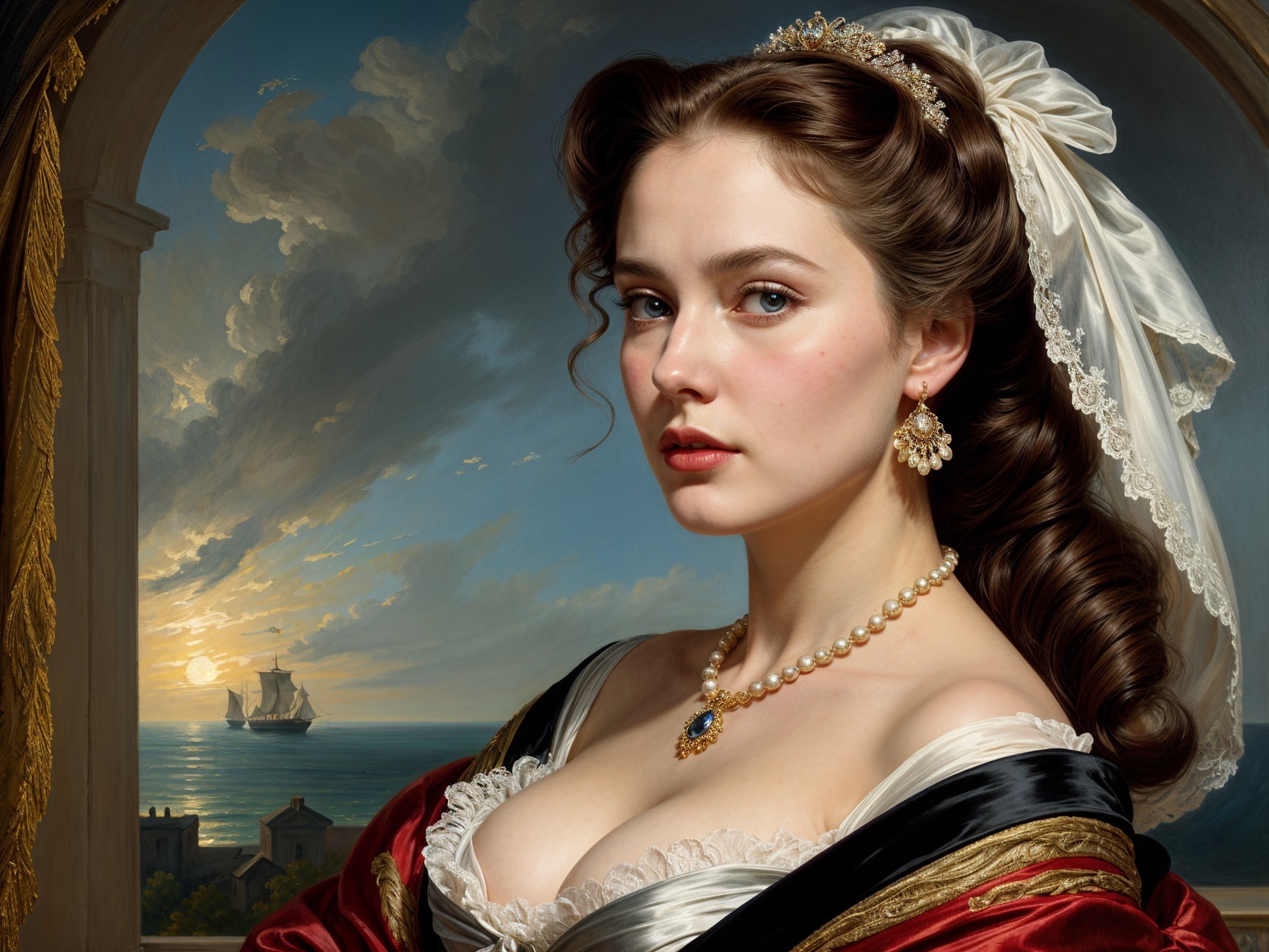 Classic Portrait of Young Woman with Seascape Background