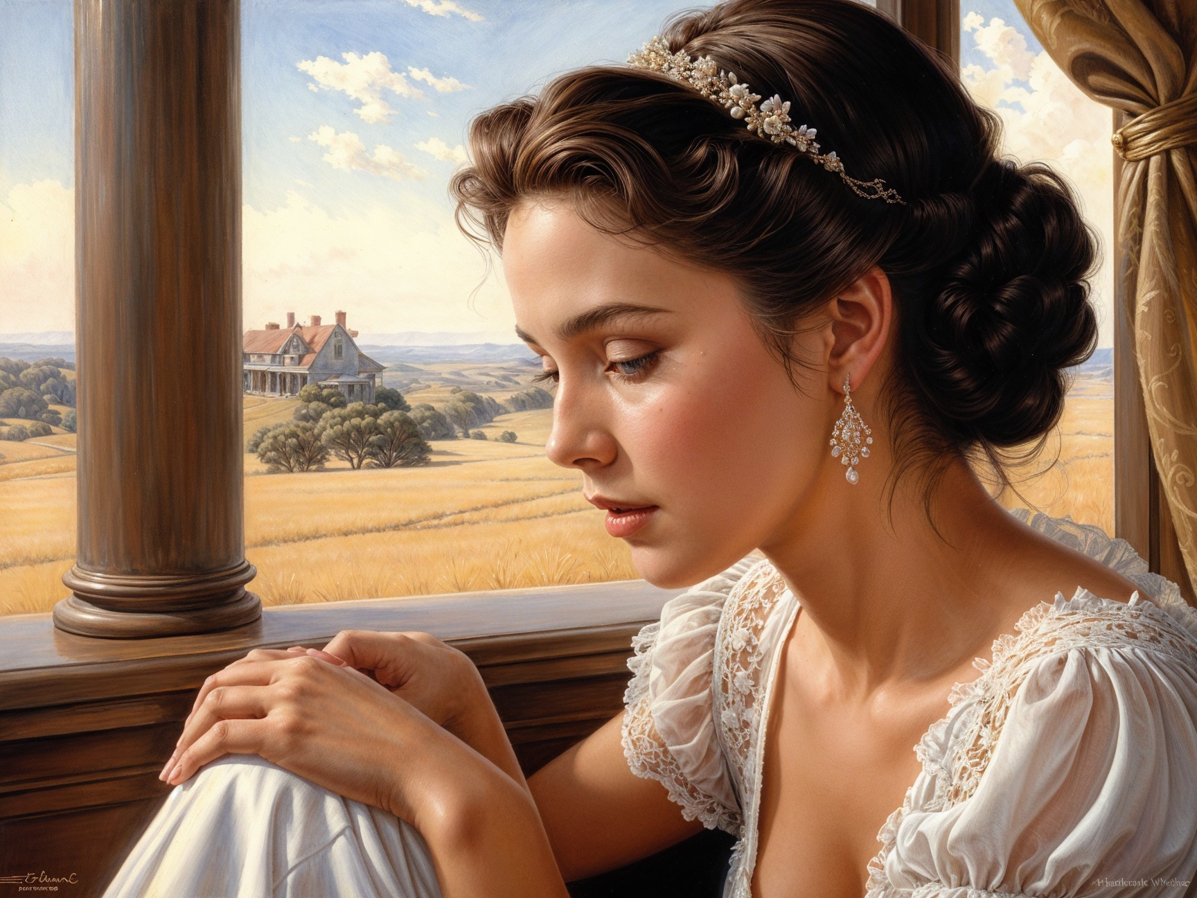 Contemplative Woman in Elegant Gown by Window
