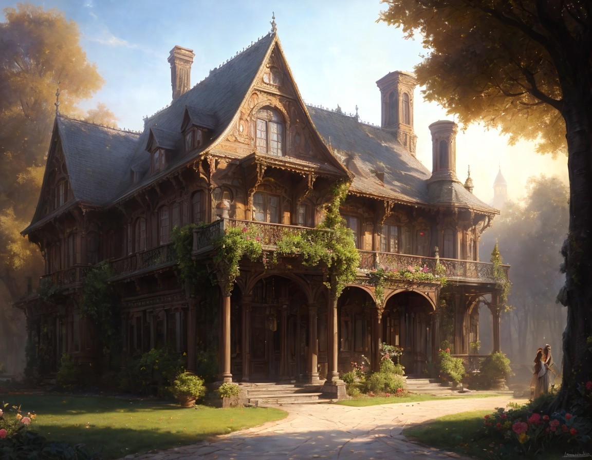 Victorian Mansion with Lush Gardens and Sunlight