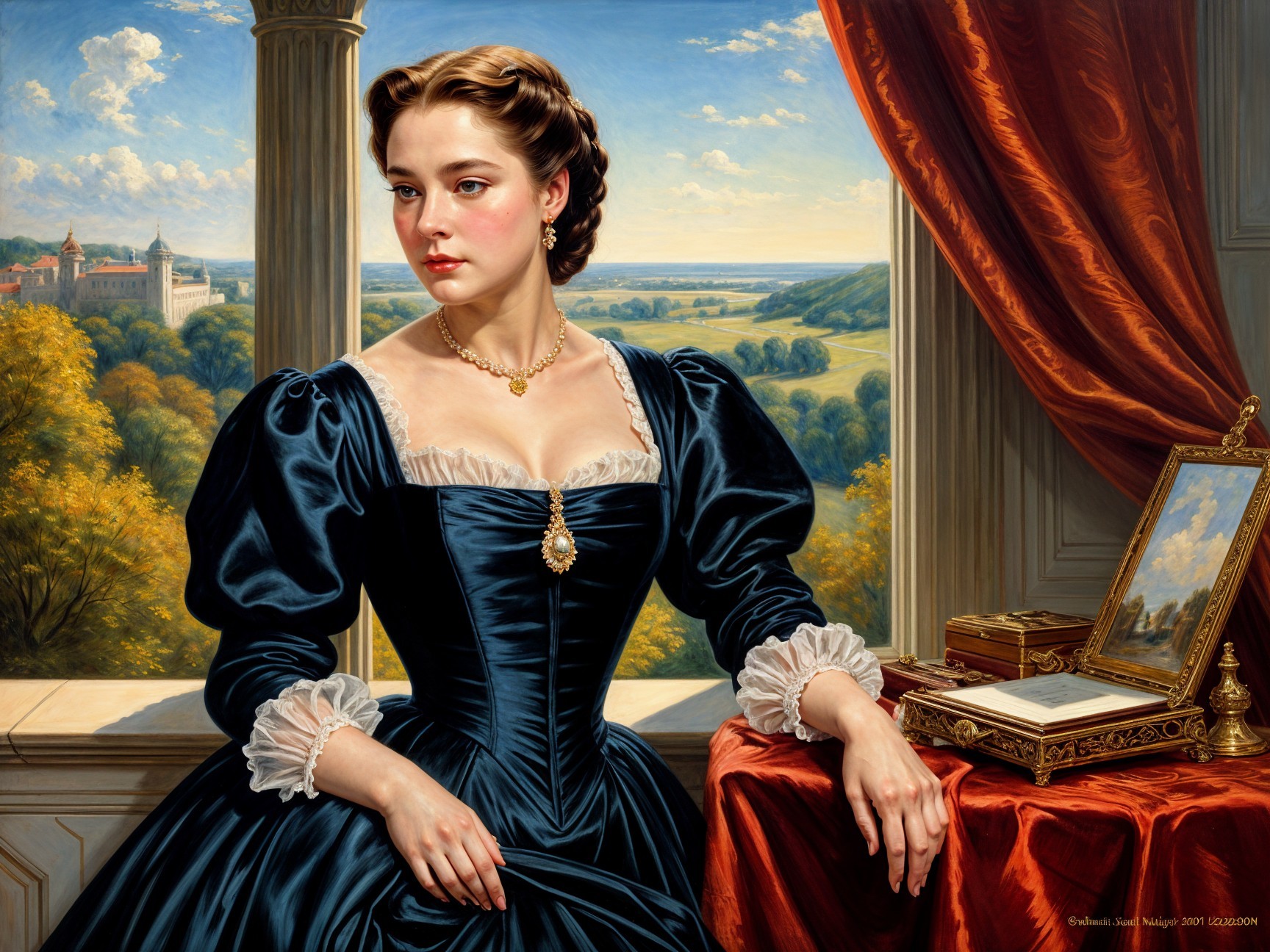 Young Woman in Regal Gown by Large Window