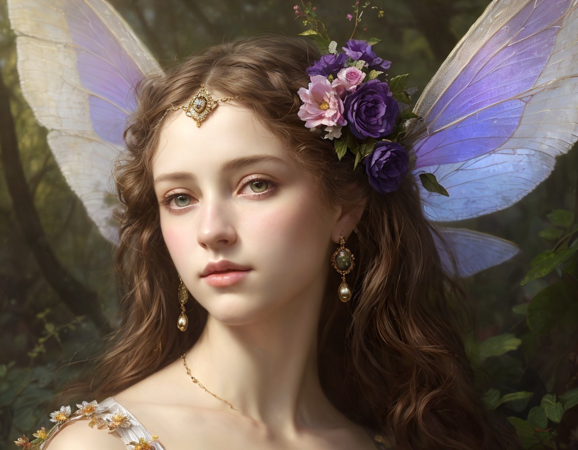 Portrait of a Young Woman with Fairy Wings in Forest
