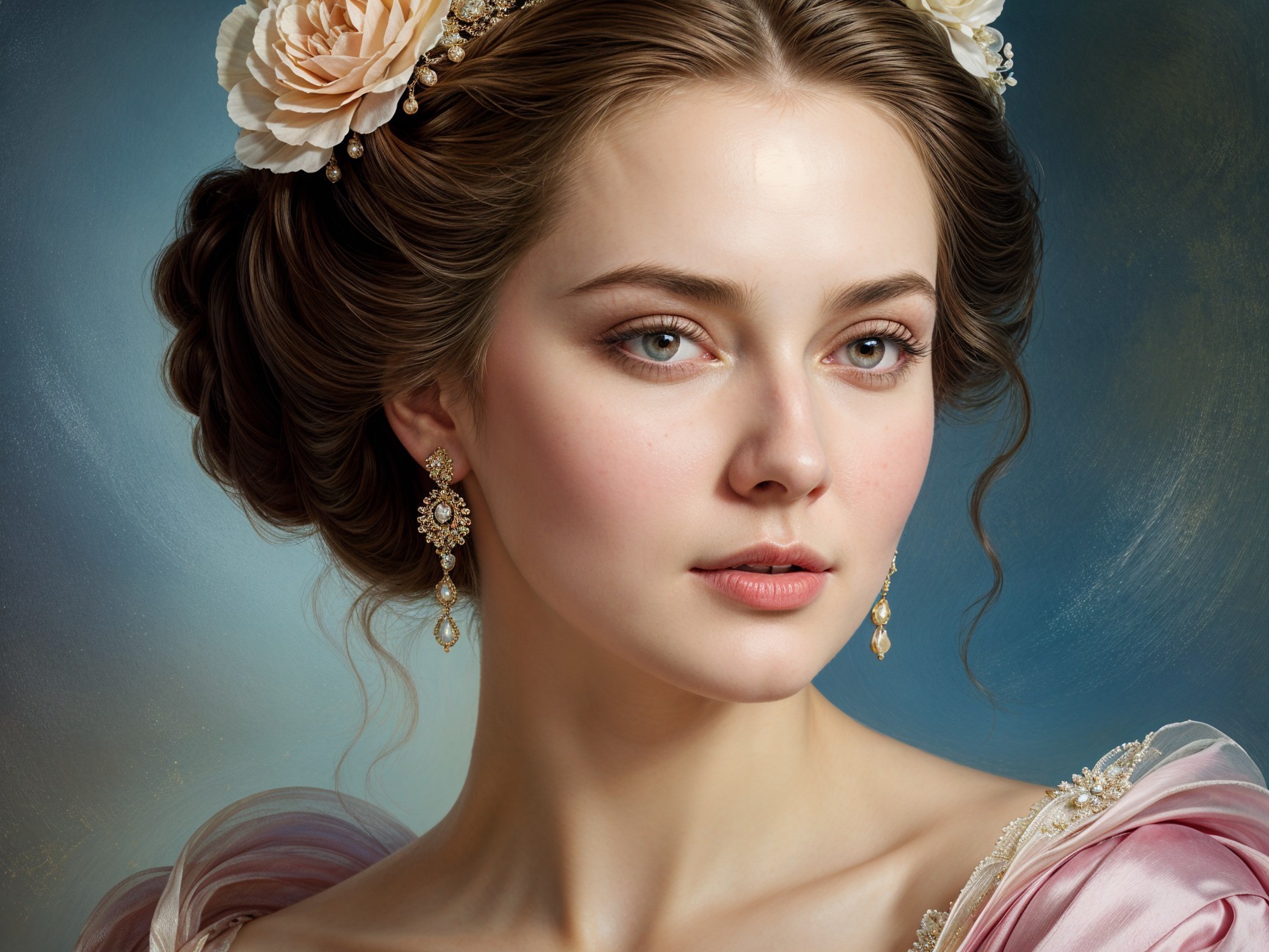 Young woman in elegant gown with floral accents