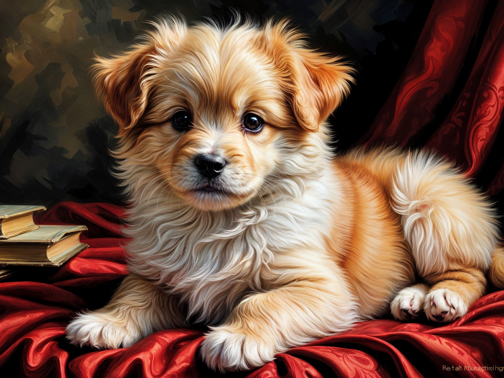 Fluffy golden puppy resting on red drapery with books