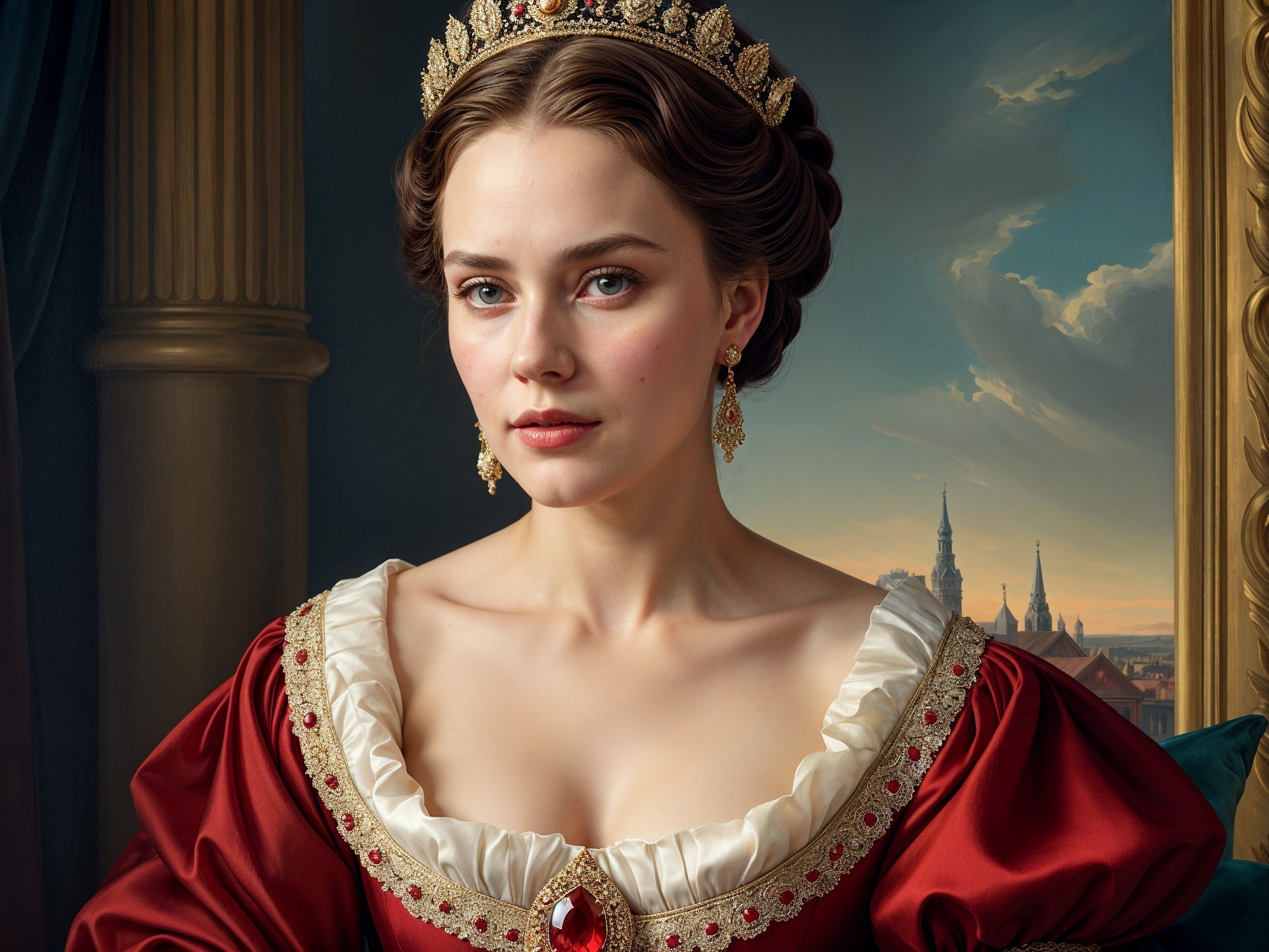 Regal Woman in Lavish Red Gown with Gold Detailing
