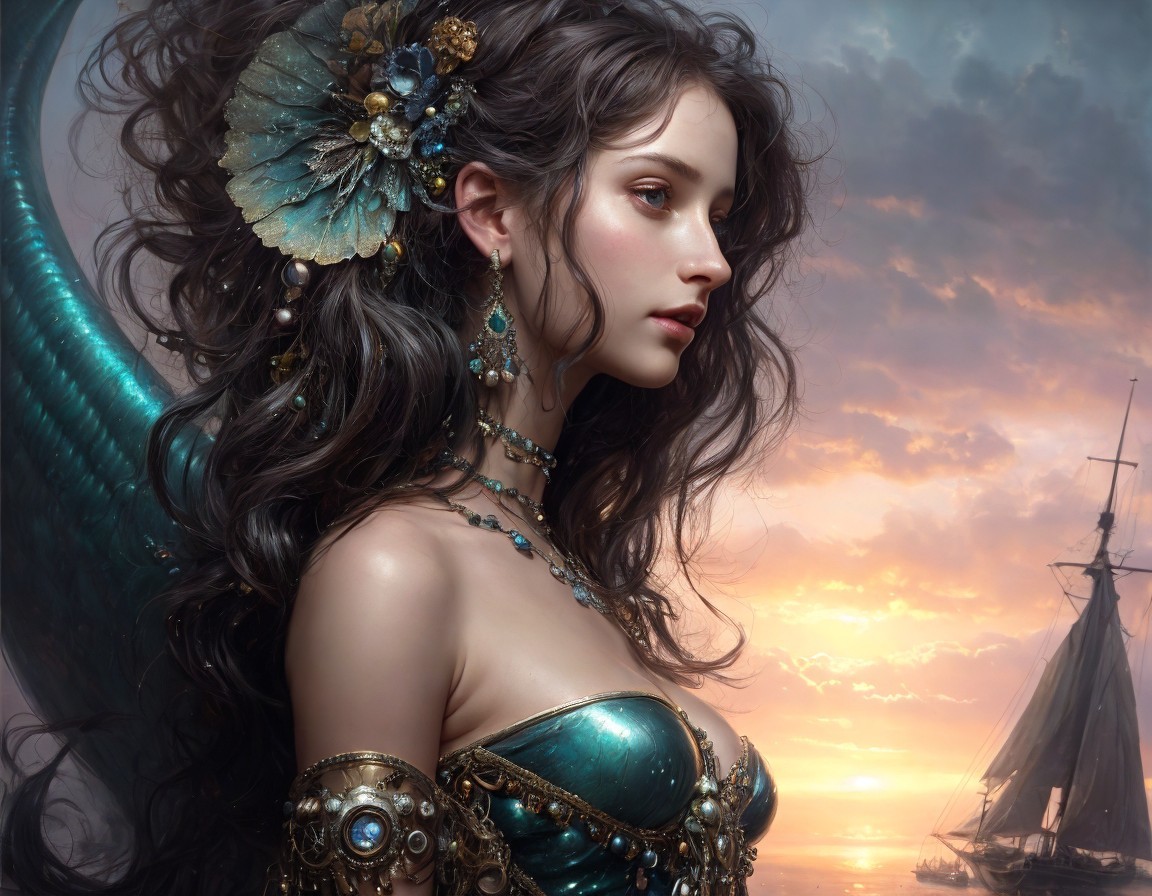 Fantasy Mermaid with Jewelry and Ship Under Sky
