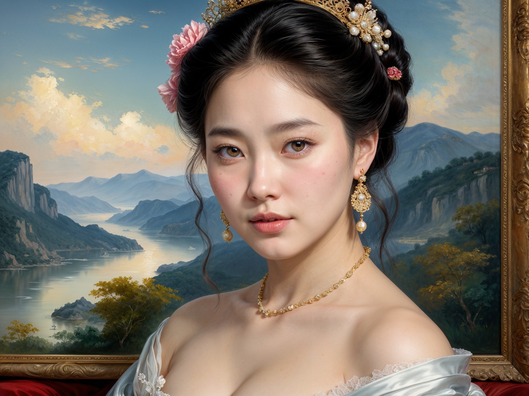 Young Woman with Updo and Elegant Gown in Landscape