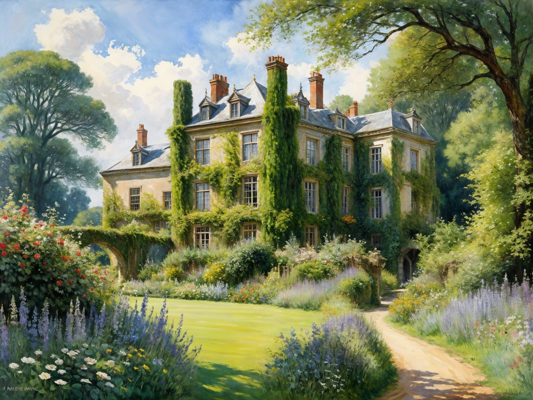 Ivy-Clad Mansion Surrounded by Lush Gardens