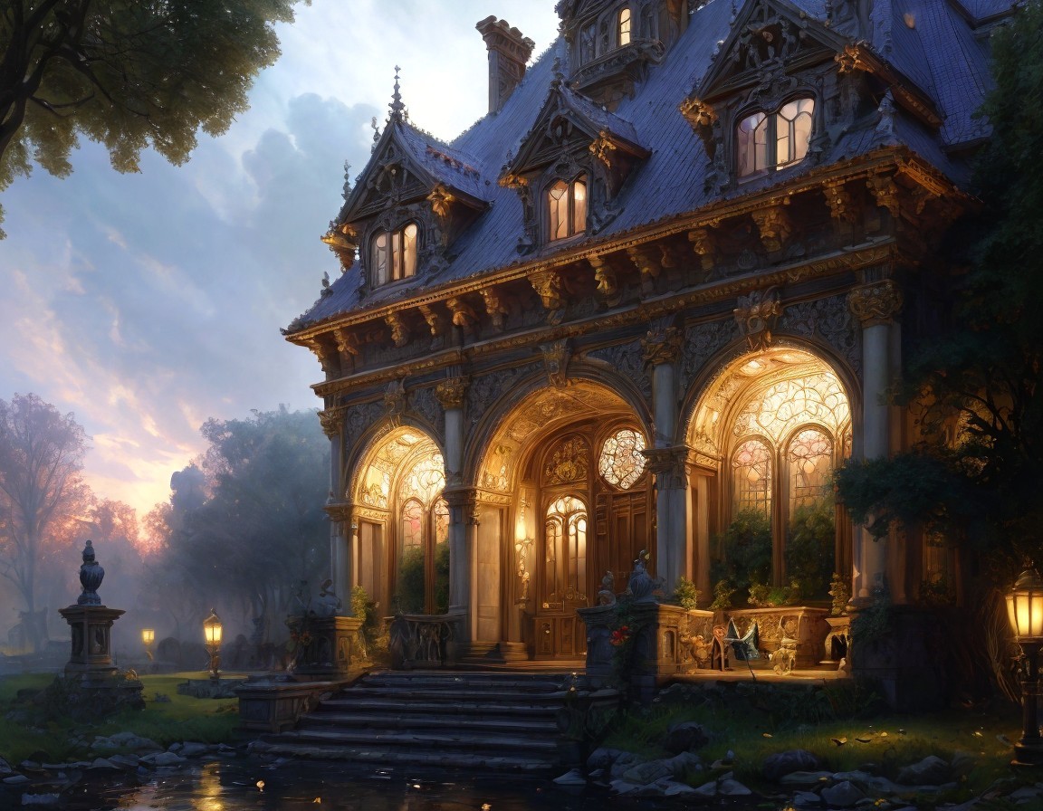 Ornate mansion with twilight sky and tranquil pond