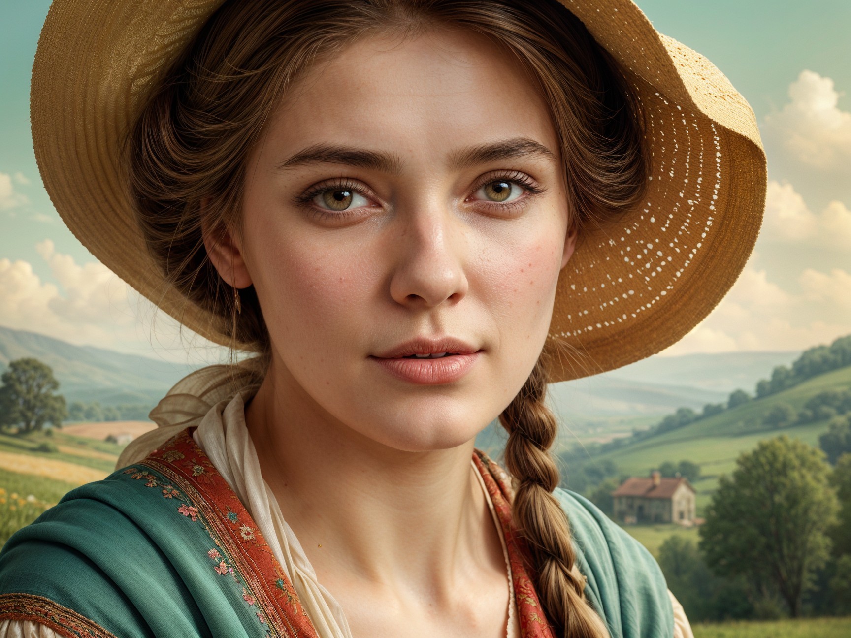 Young Woman in Traditional Dress in Lush Landscape