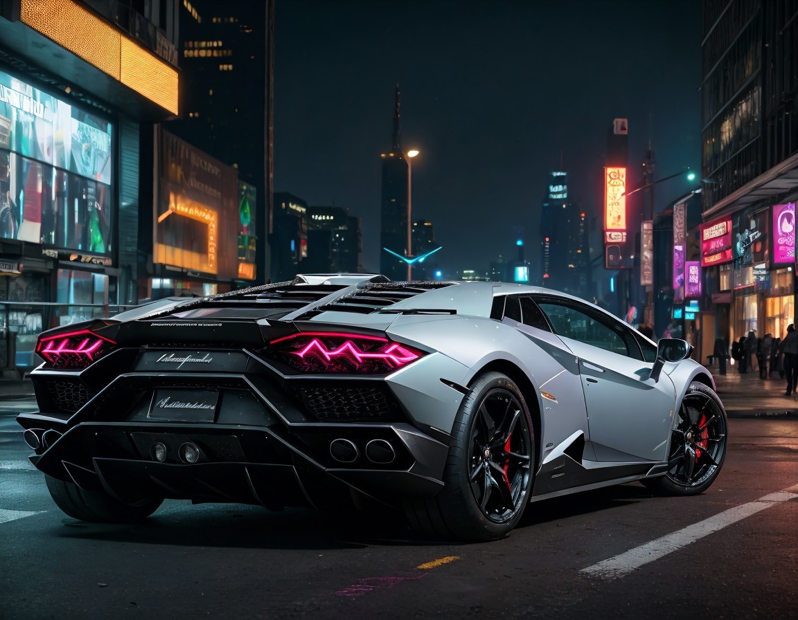 White Lamborghini with illuminated tail lights in city night scene.