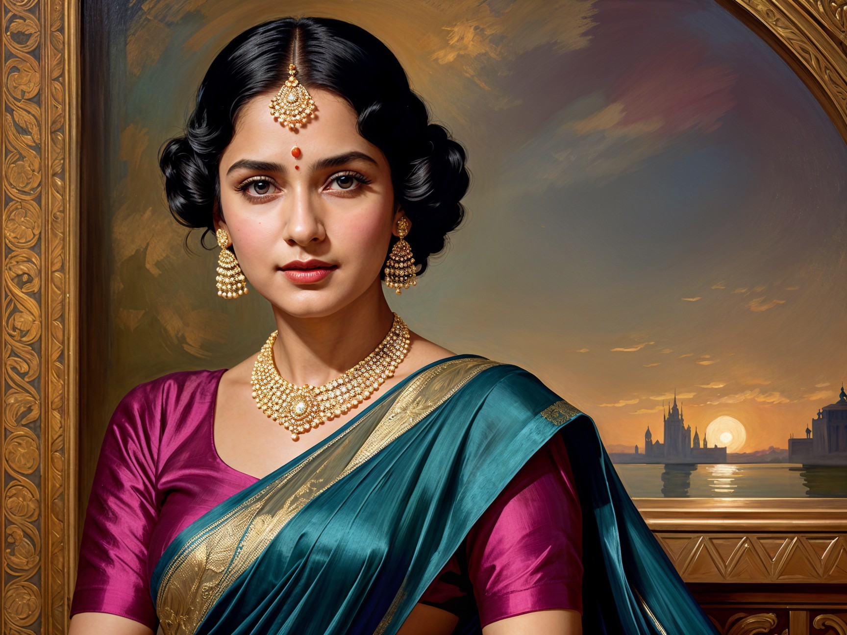 Portrait of a woman in a colorful sari at sunset