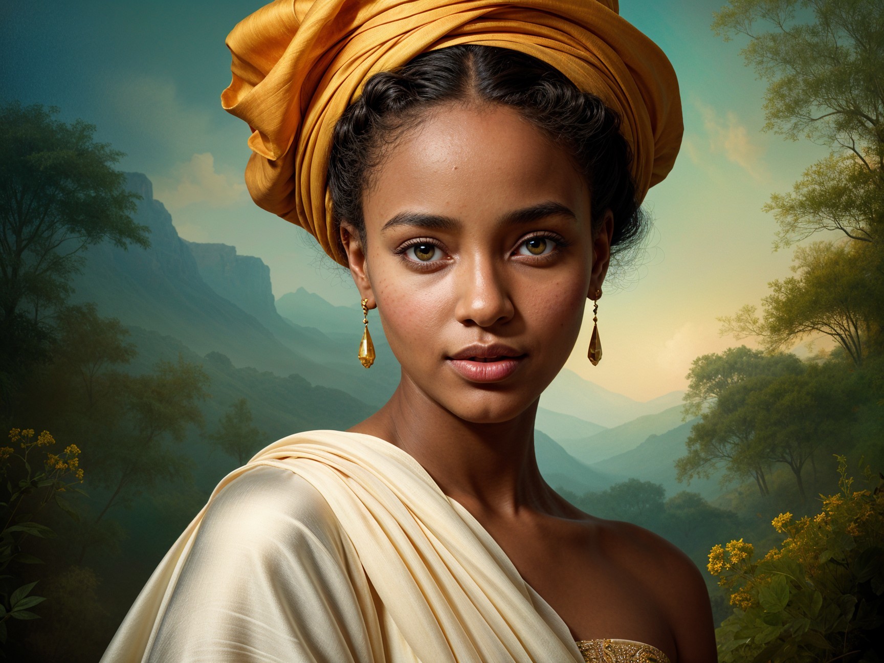 Young Woman in Ivory Gown with Serene Landscape Background