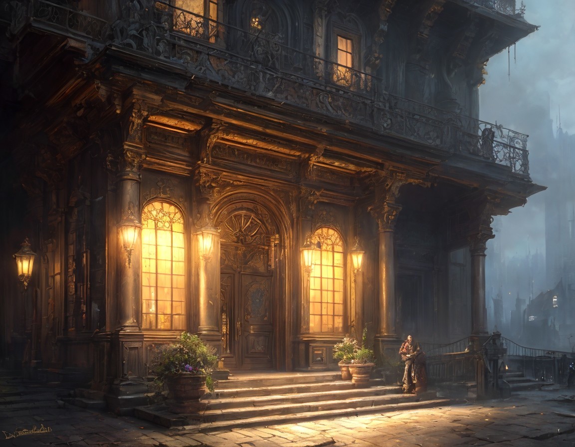Ornate building illuminated at twilight with details