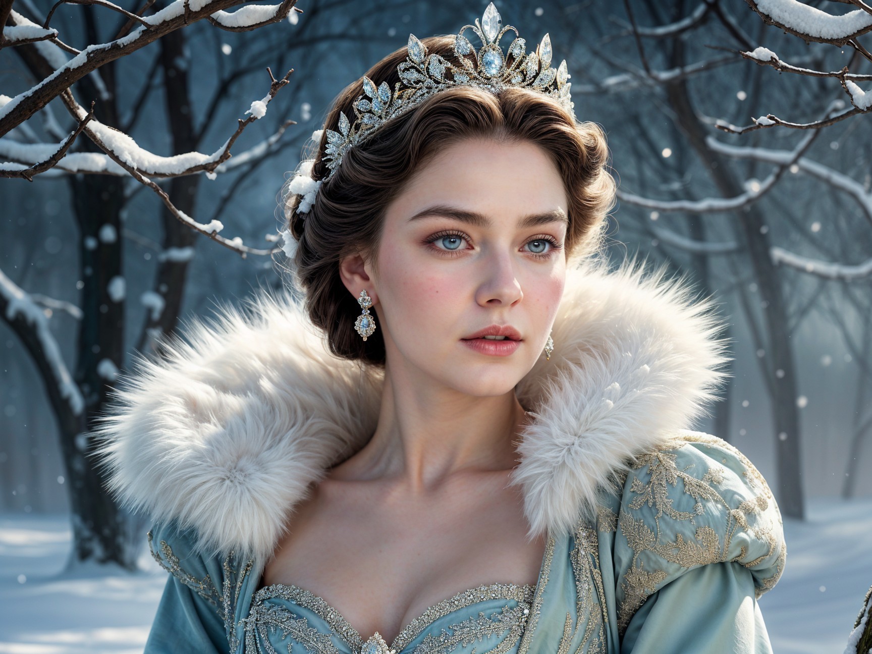 Regal Woman in Ornate Icy-Blue Gown in Snowy Forest