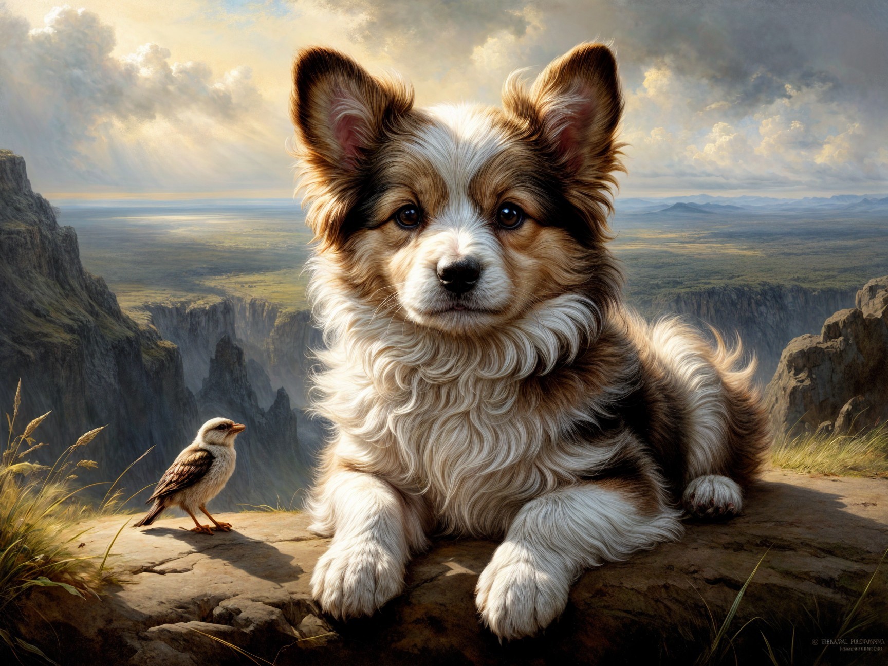 Corgi and Bird on Rocky Ledge with Scenic Landscape