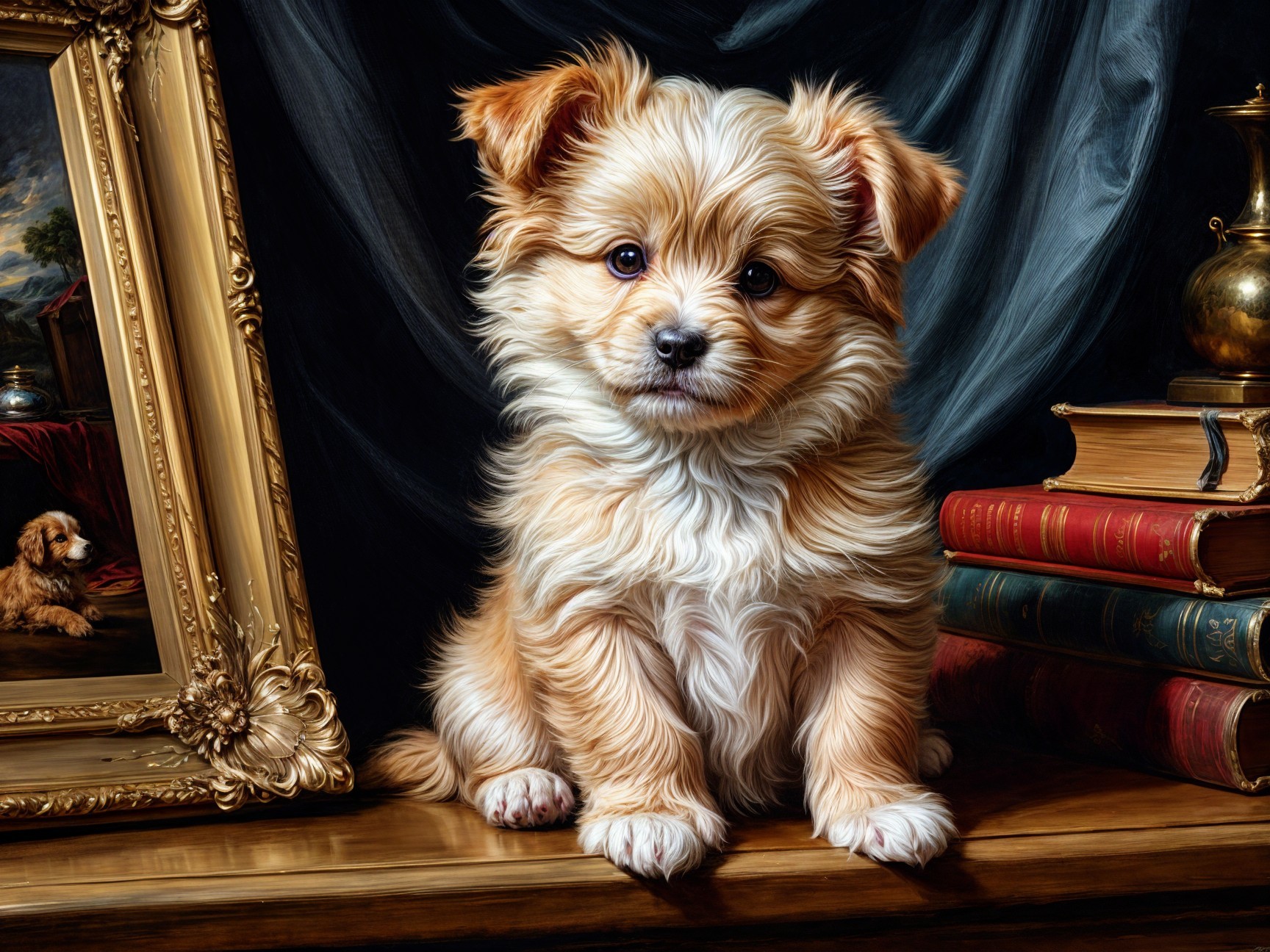 Fluffy Puppy on Wooden Table with Books and Frame