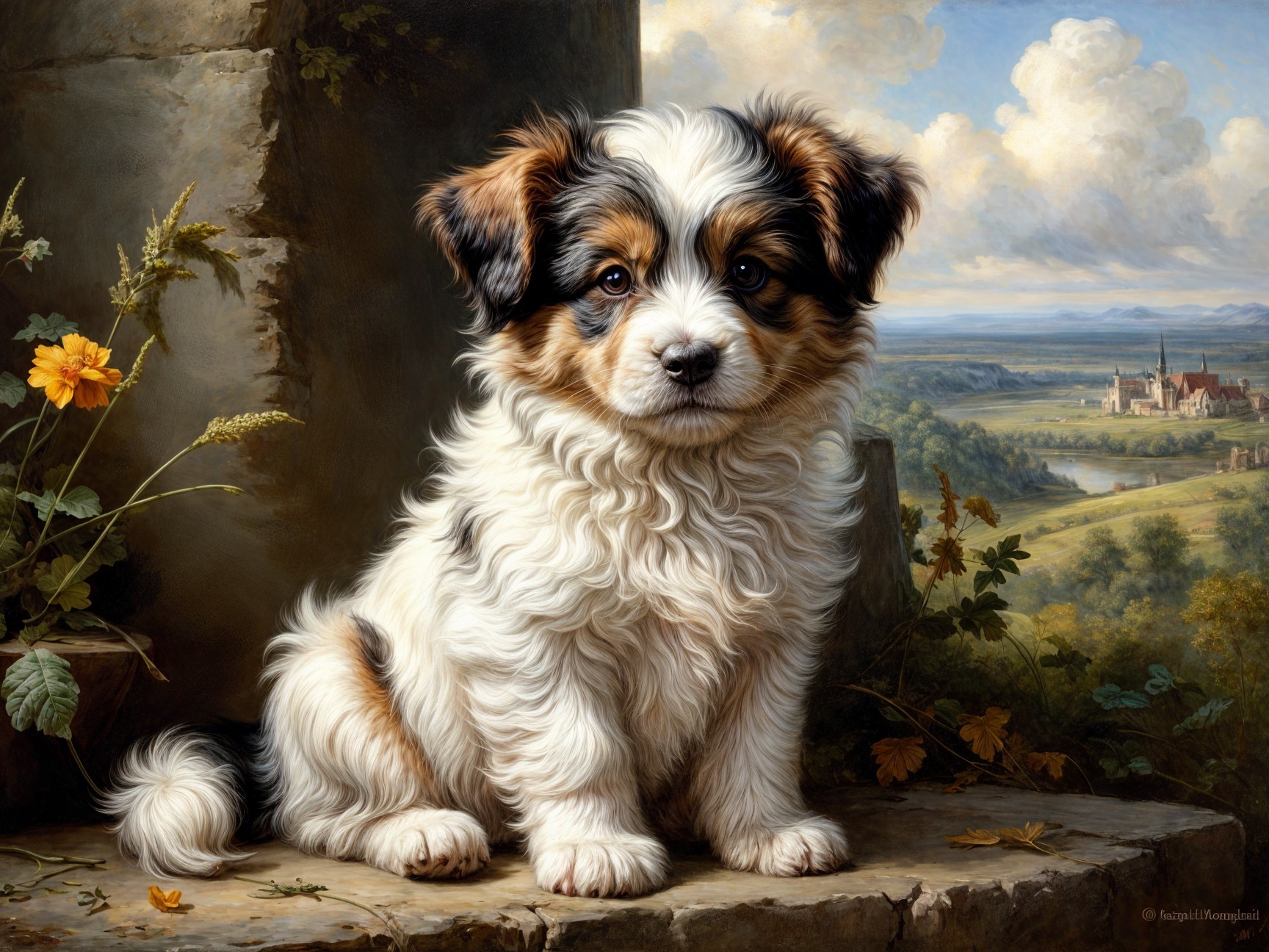 Fluffy Puppy on Stone Surface in Scenic Landscape