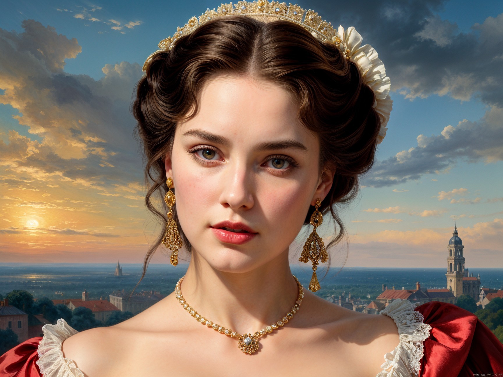 Elegant Young Woman in Red Dress Against Sunset Landscape