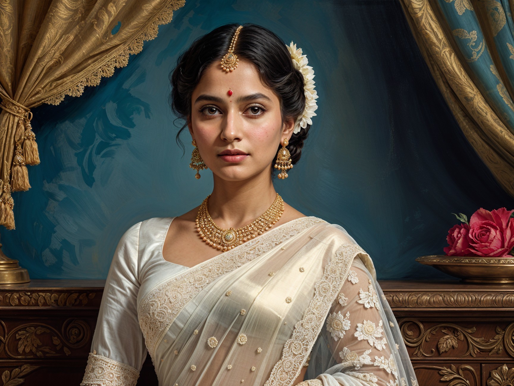 Traditional Woman in White Saree with Gold Jewelry