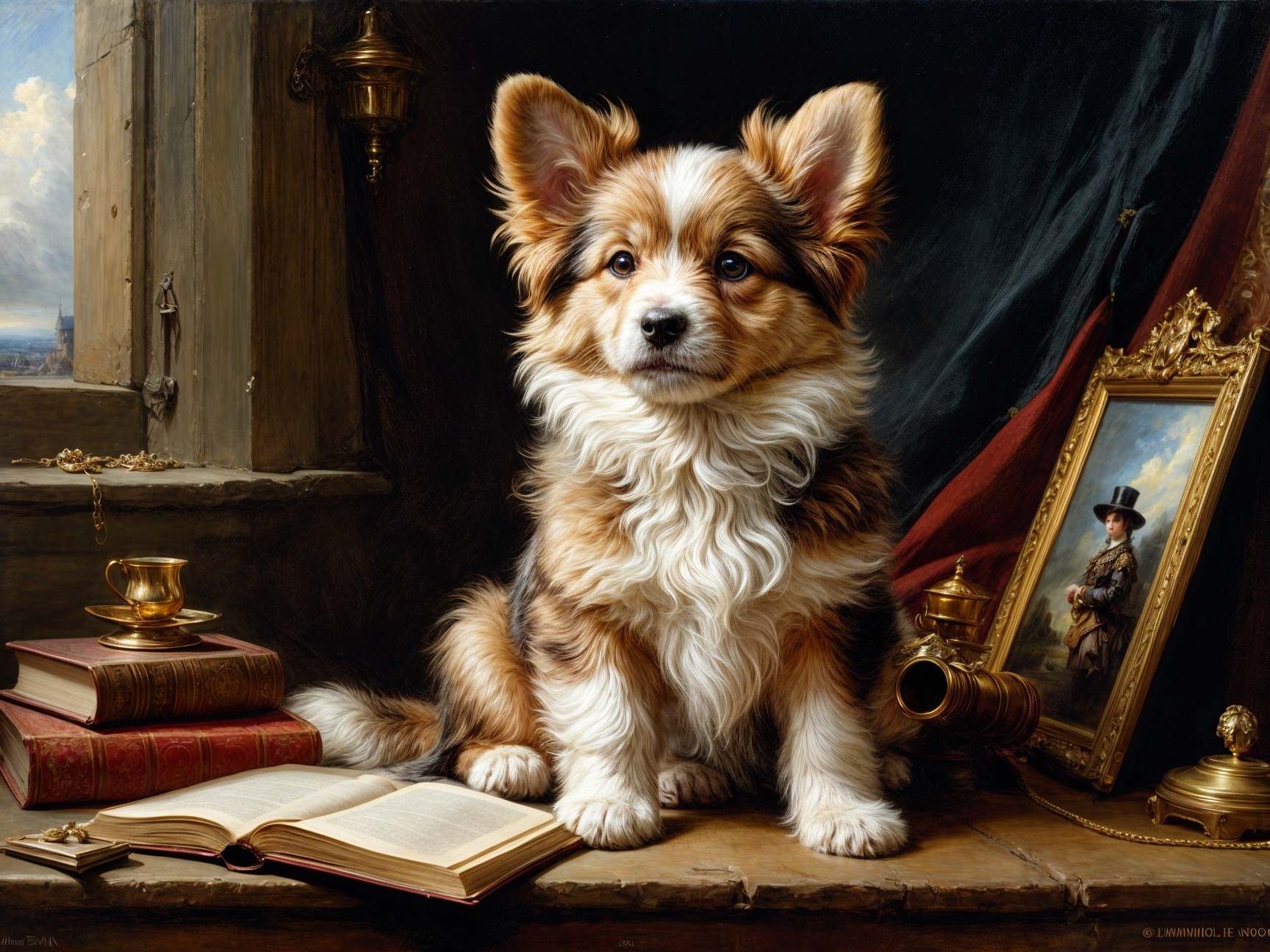 Tricolor puppy on a table with books and decor
