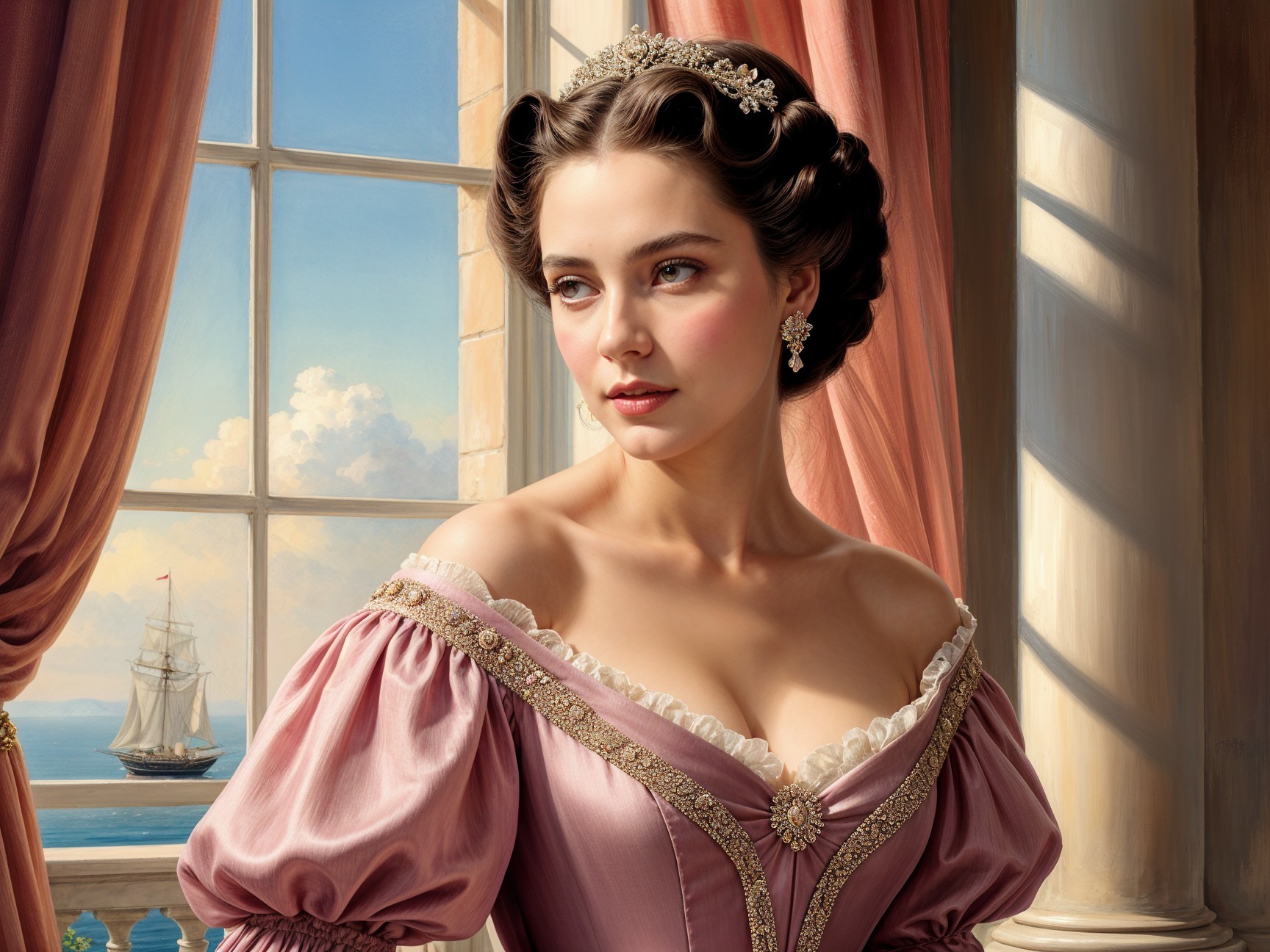 Young woman in pink gown by grand window with seascape
