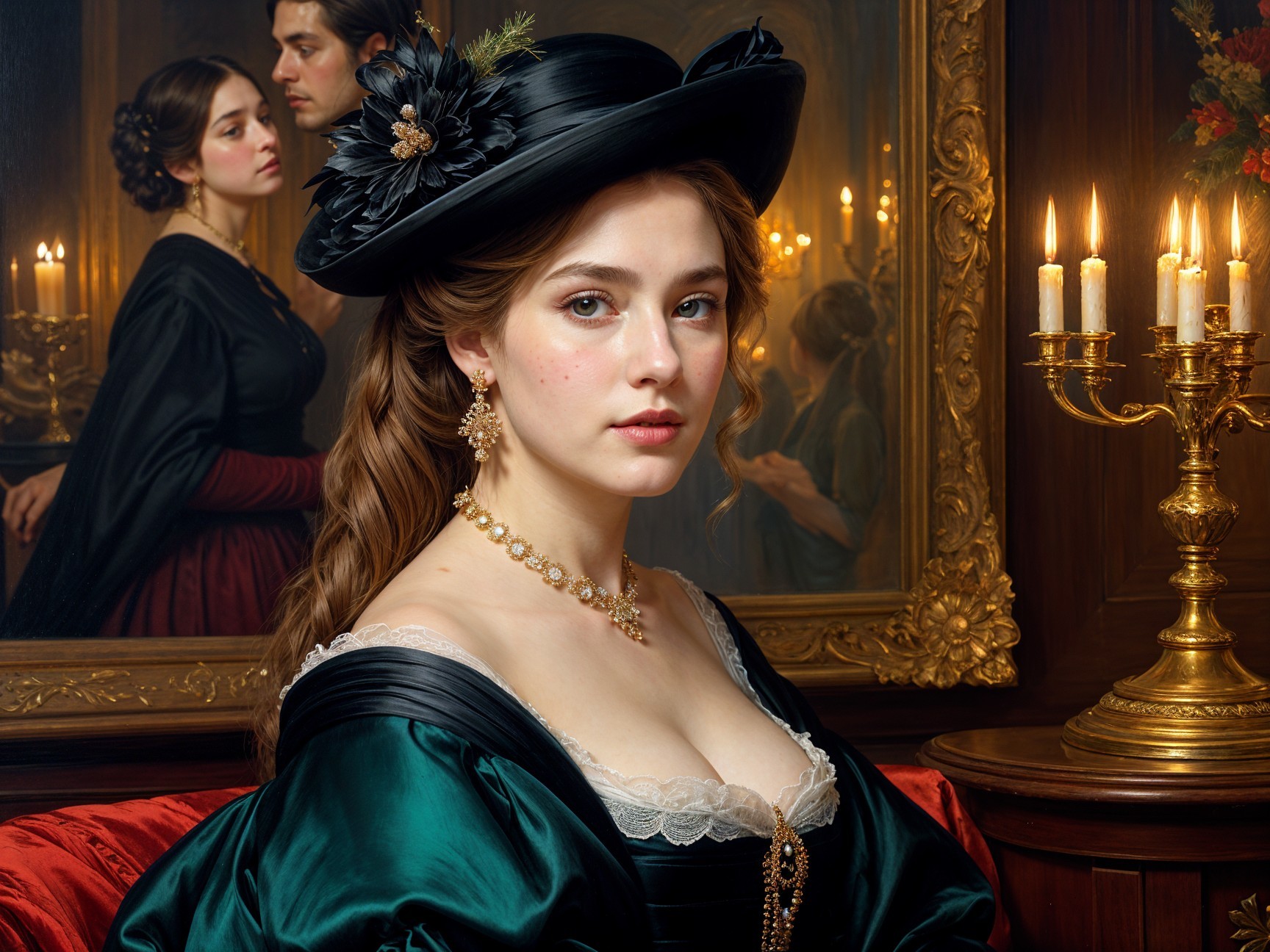 Elegant Woman in Black Hat and Green Gown Portrait