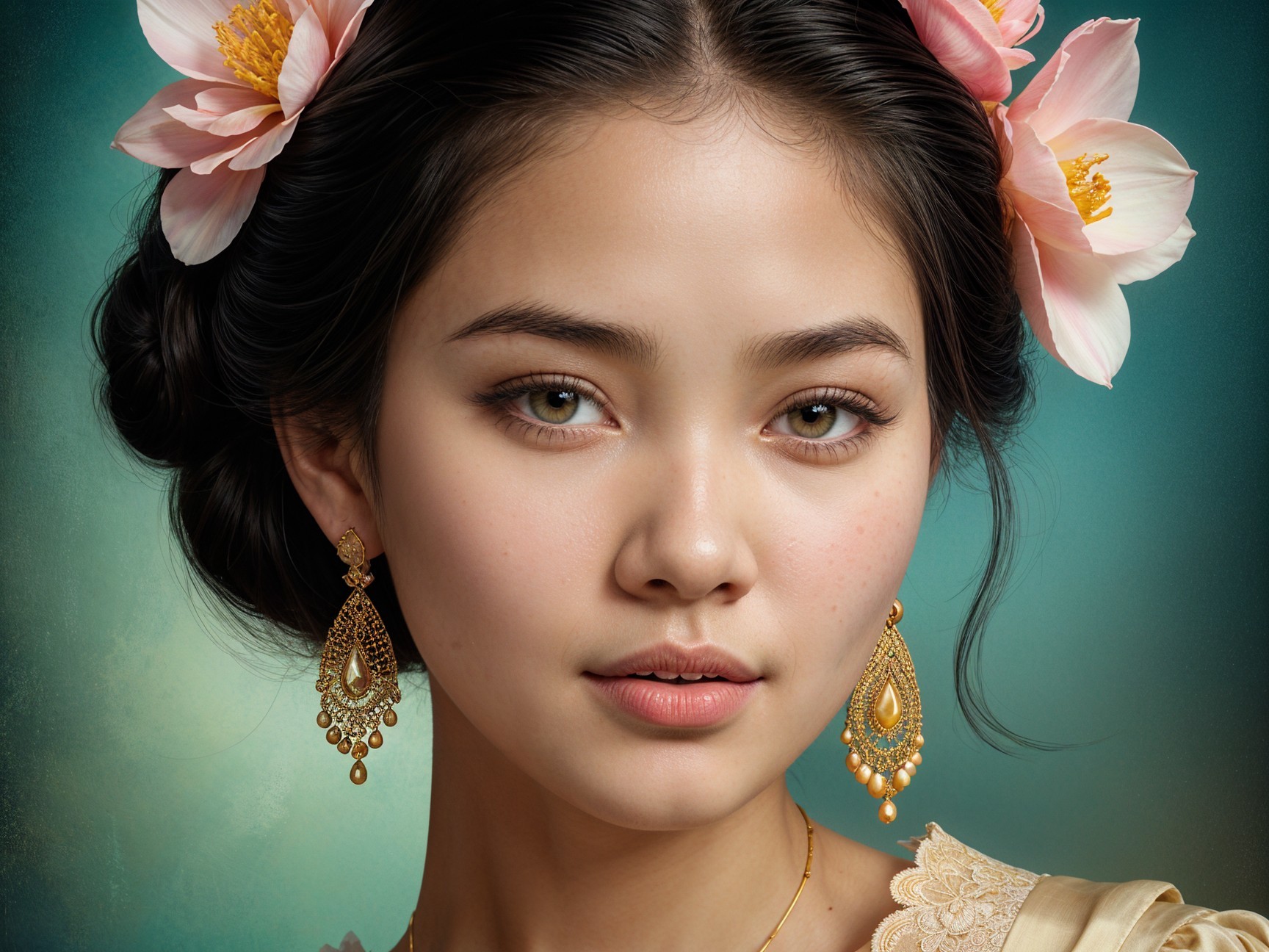 Young woman with floral hair accessories and gold earrings