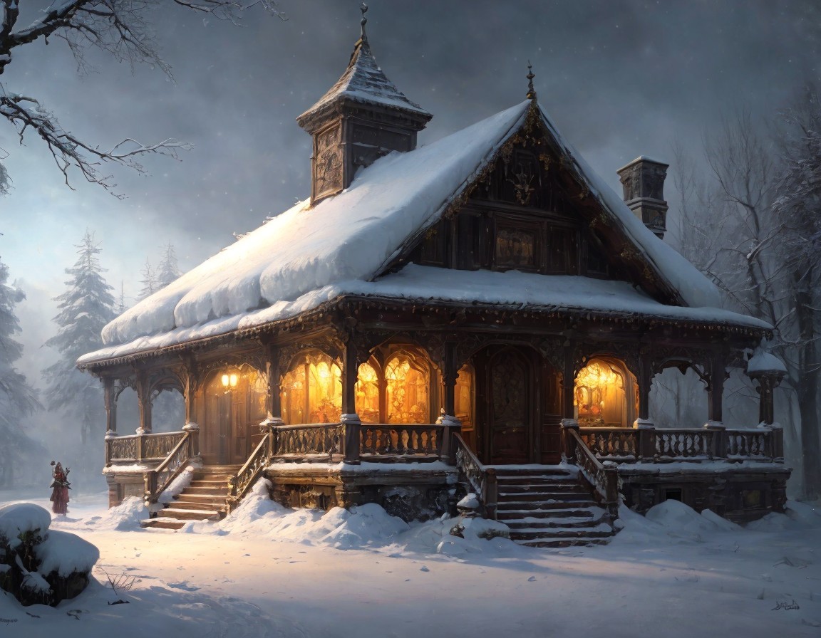 Wooden cottage in winter landscape with snow-covered trees
